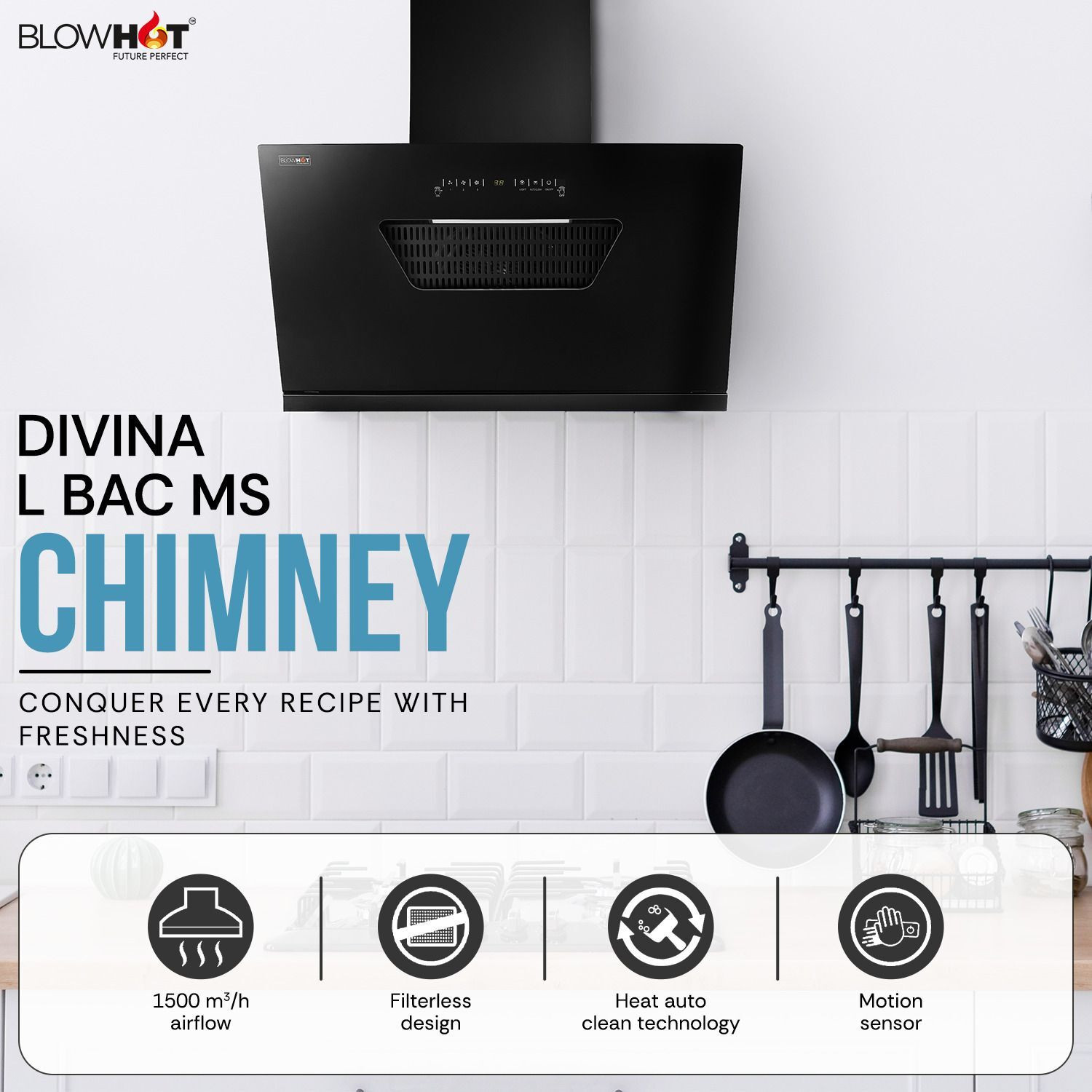 Image of BLOWHOT Divina Nutri 2 Jar Combo 1500 CMH 90 cm Curved Shape Filterless Powerful suction Low Noise Auto Clean Chimney