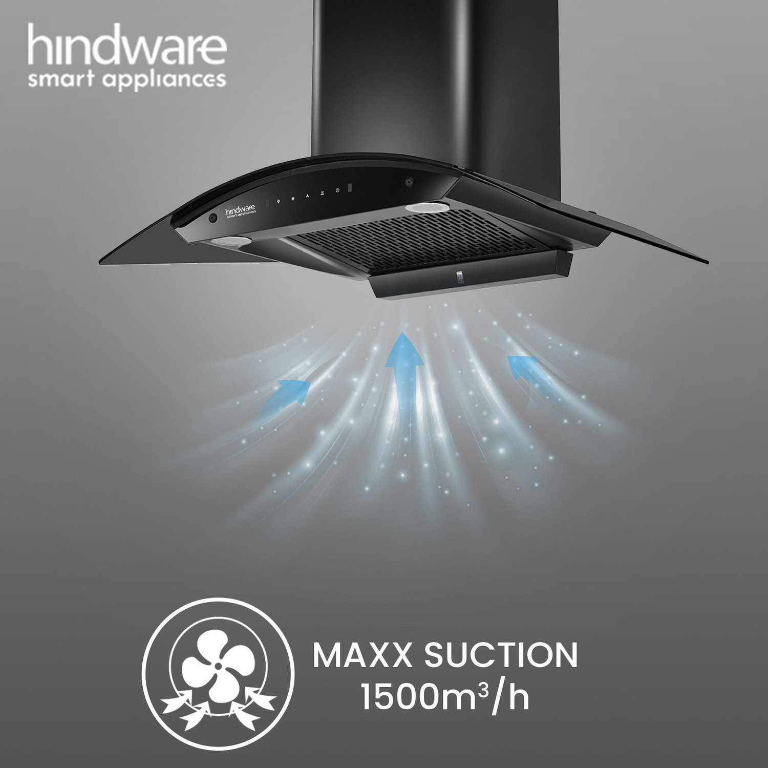 Image of Hindware Smart Appliances Ripple Blk Plus Autoclean 75 IN Auto Clean Curved Glass | Filterless | Touch Control | Motion Sensor | 10 Years Motor Warranty | Energy Efficient LED Light | Powerful Suction | Wall Mounted Black 1500 CMH Chimney