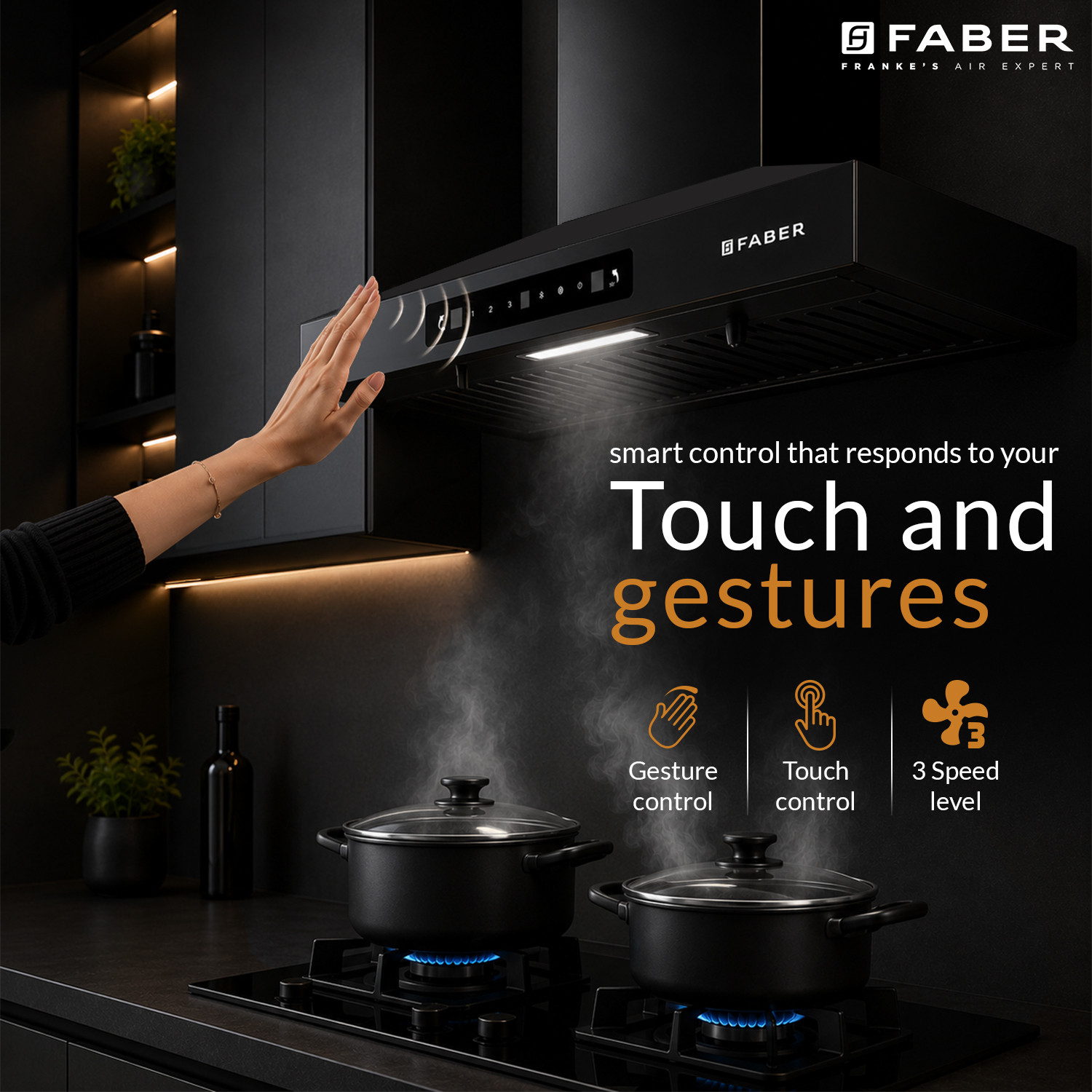 Image of FABER HOOD PLUTO SENSOR TC BF BK IN 60 cm 1000 m hr Baffle Filter Touch Control 1000 CMH 60 cm Chimney