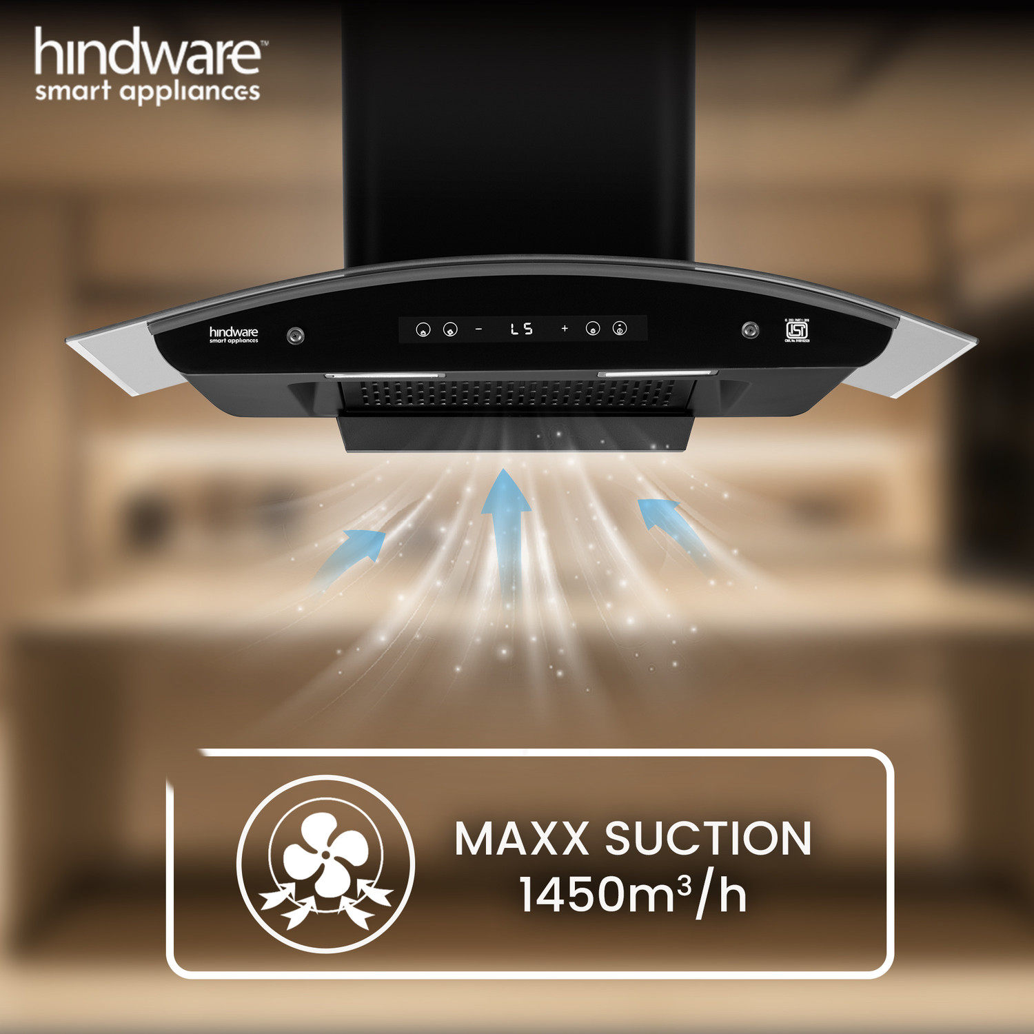 Image of Hindware Smart Appliances Alexio Plus BLDC 90CM Auto Clean | Curved Glass | Filterless | Touch Control, Motion Sensor | Energy Efficient LED Light | Powerful Suction | Wall Mounted Black 1450 CMH Chimney