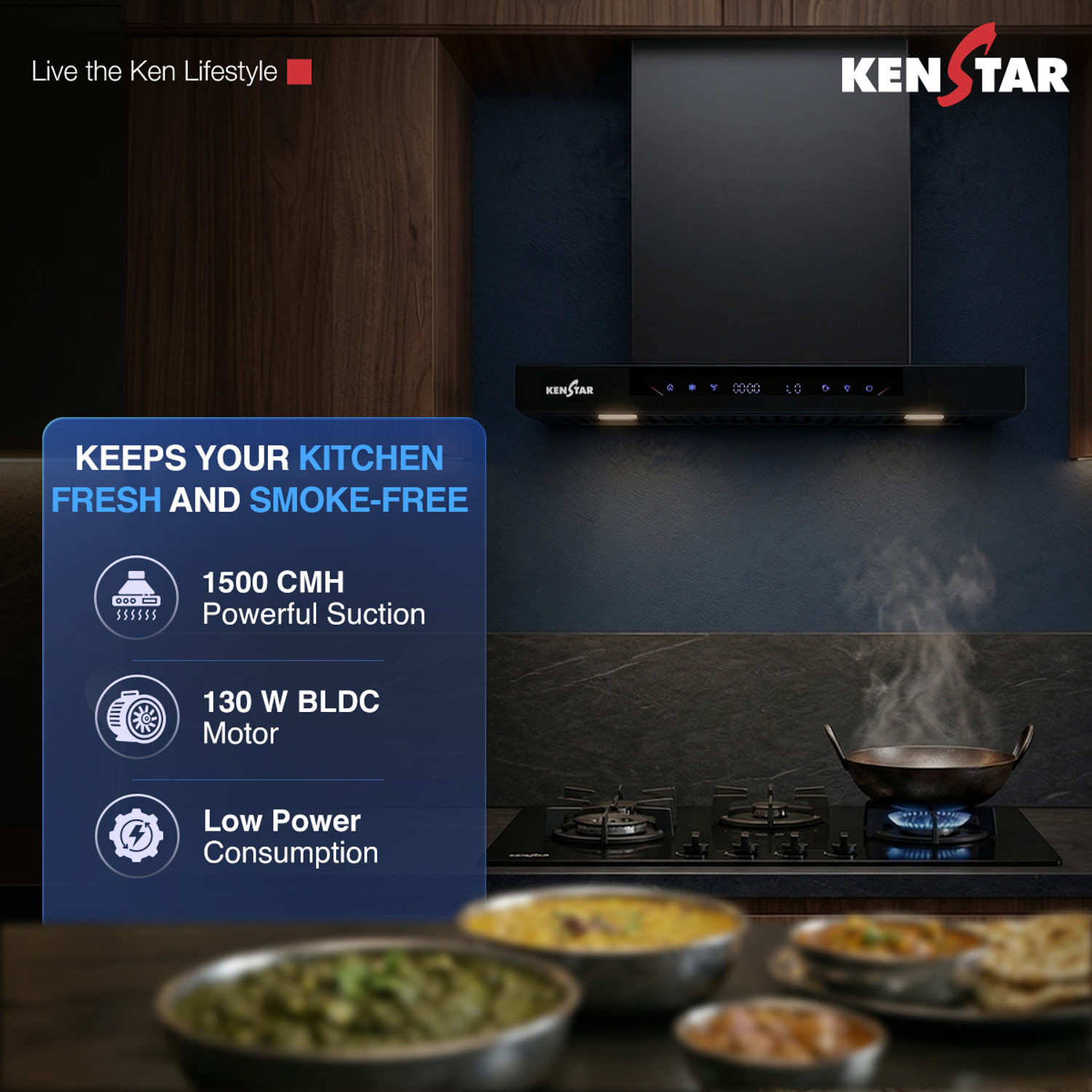 Image of Kenstar AeroGlide BLDC T SHAPE 60CM 1500 CMH 60 cm Filterless Auto-clean Chimney With BLDC Motor 10 Speed Touch & Gesture Control Powerful Suction Low Noise Auto Clean Chimney