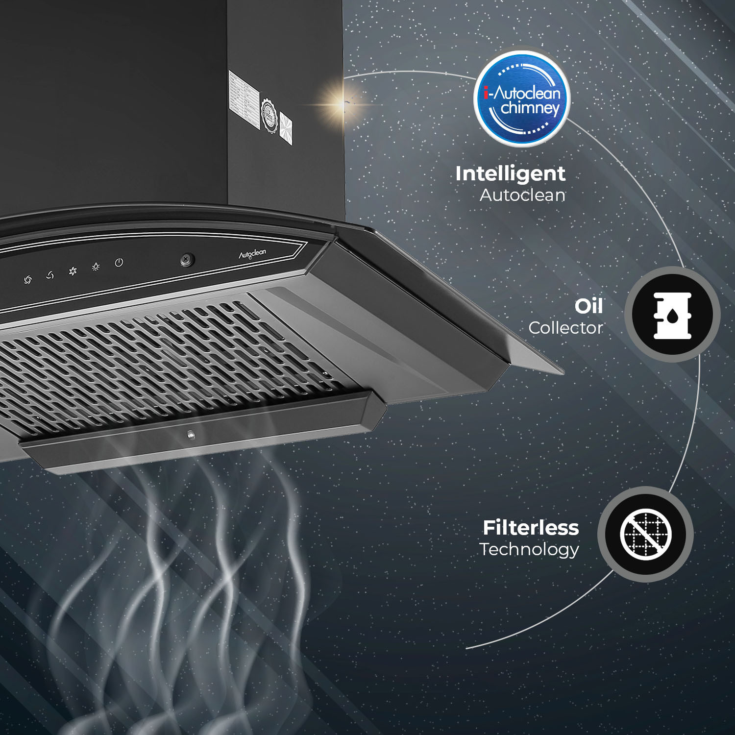 Image of Kutchina Vega DLX 90 1600 CMH 90 cm Motion Sensor Control Touch Control Auto Clean Powerful suction Low Noise Auto Clean Chimney