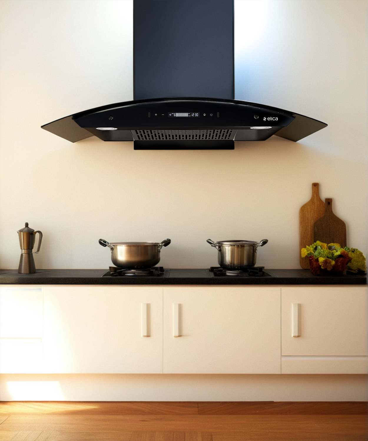 Image of Elica BLDC FLCG 900 HAC LTW MS NERO Filterless Auto Clean Wall Mounted Black 1425 CMH Chimney