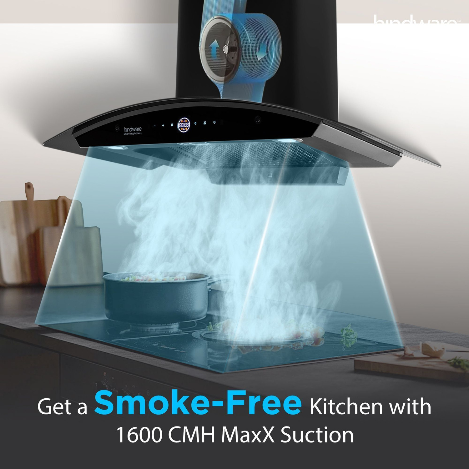 Image of Hindware Smart Appliances Ripple Plus BLDC Autoclean 90 IN Auto Clean | Curved Glass | Filterless | Touch Control | Energy Efficient LED Light | Powerful Suction | Wall Mounted Black 1600 CMH Chimney