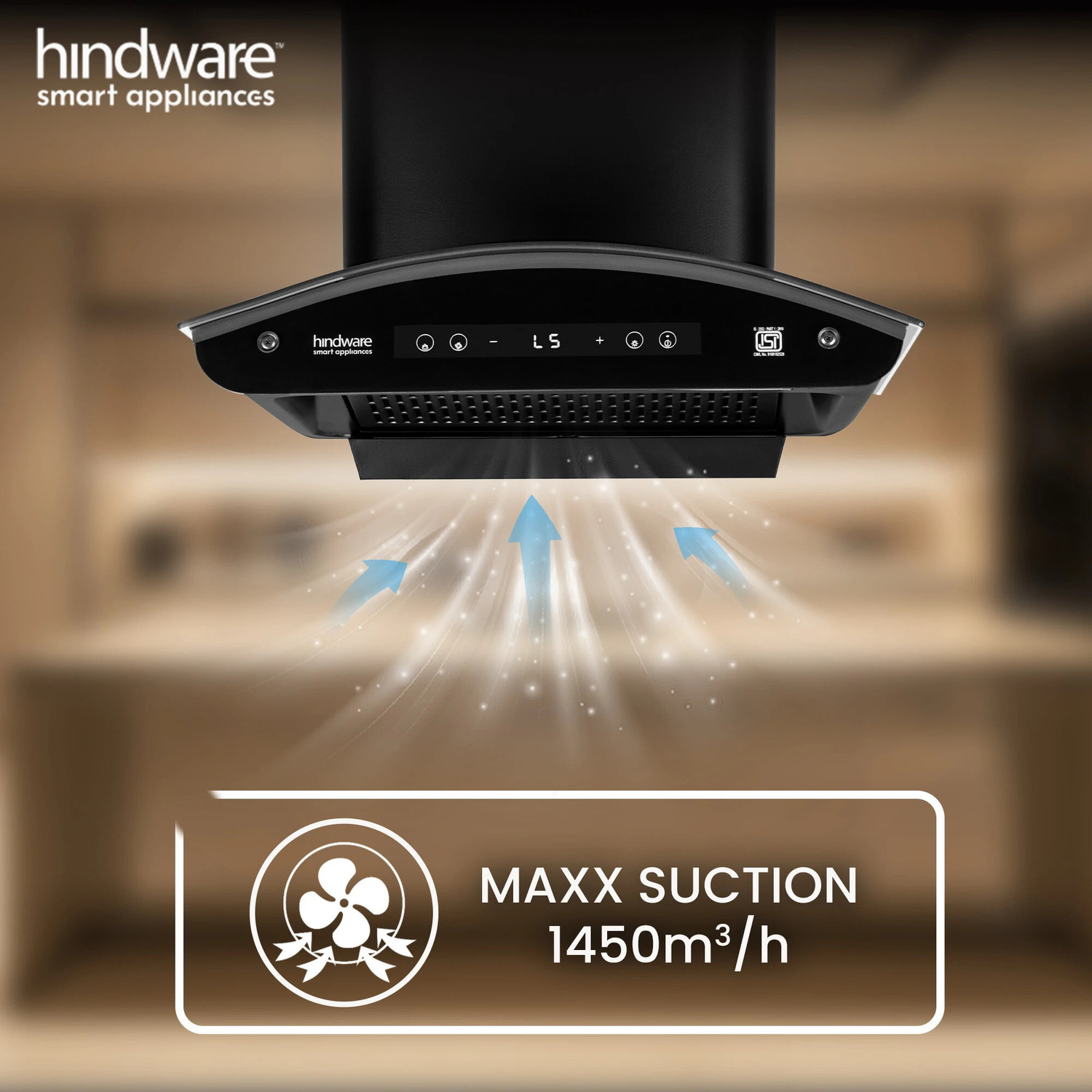 Image of Hindware Smart Appliances Alexio Plus BLDC 60CM Auto Clean | Curved Glass | Filterless | Touch Control, Motion Sensor | Energy Efficient LED Light | Powerful Suction | Wall Mounted Black 1450 CMH Chimney