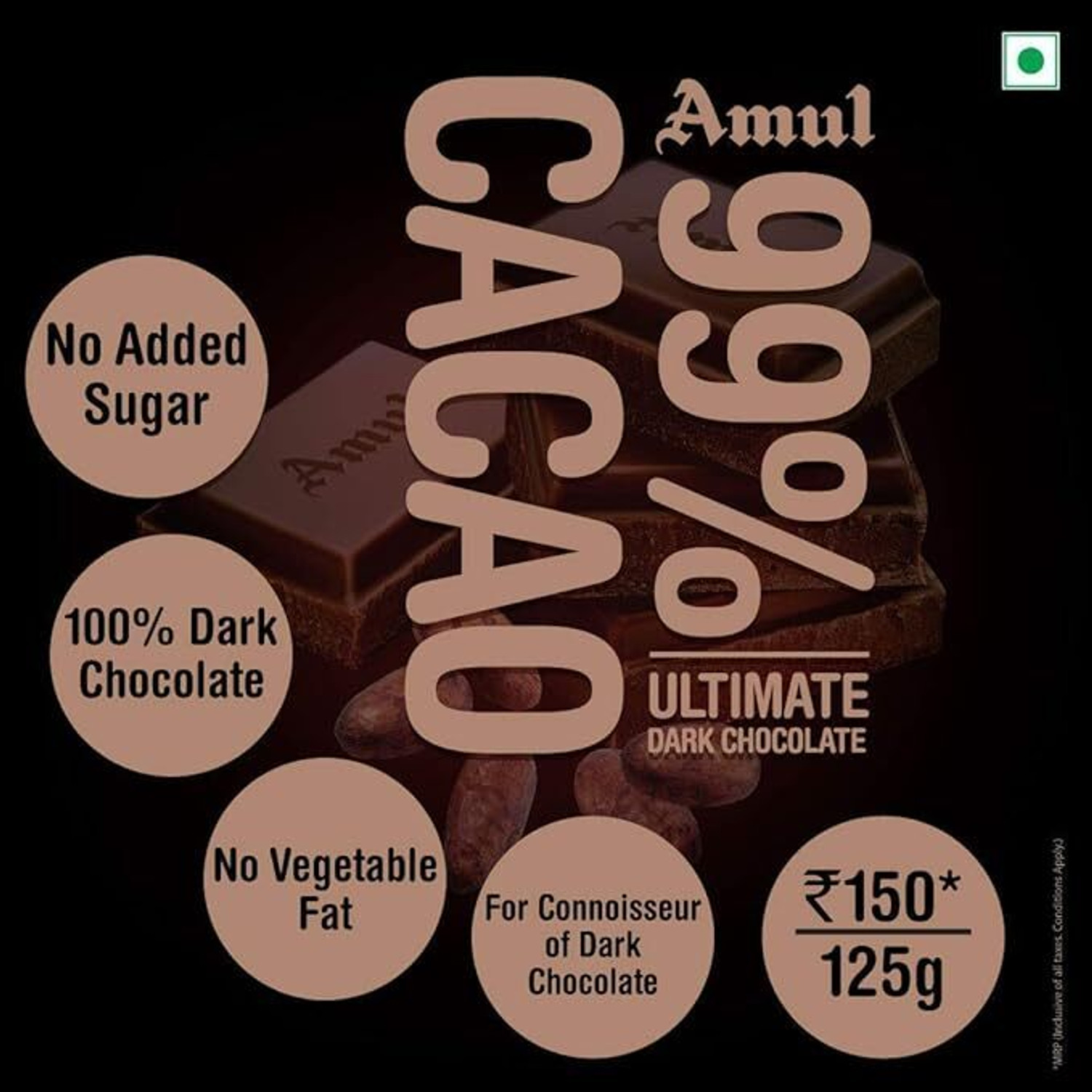 Image of Amul 99% CACAO ULTIMATE DARK CHOCO WITH LOTS OF COCOA Bar