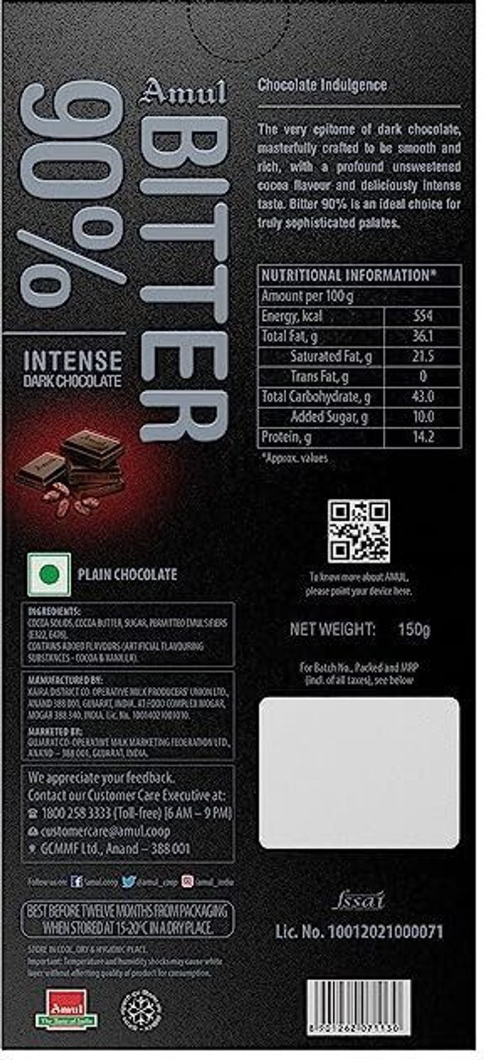 Image of Amul Bitter 90% DARK Chocolate Bars