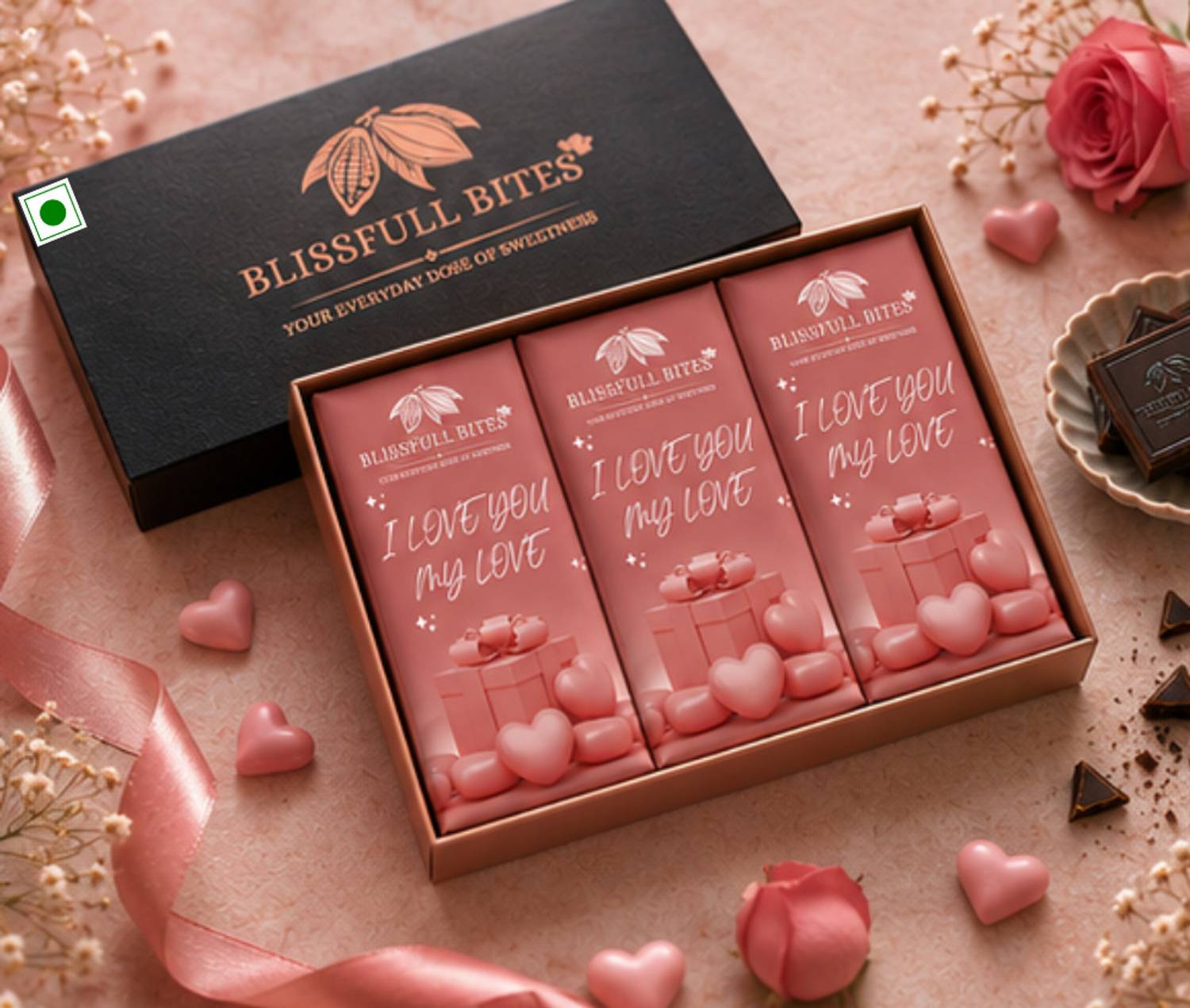 BLISSFULL BITES Valentine Chocolate Box 6 Piece Gift for Girlfriend Boyfriend Wife Husband Bar Gift Pack