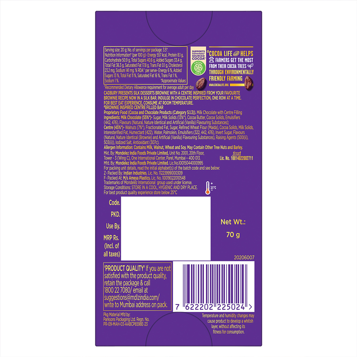 Image of Cadbury Dairy Milk Silk Dessert Walnut Brownie Chocolate Bar
