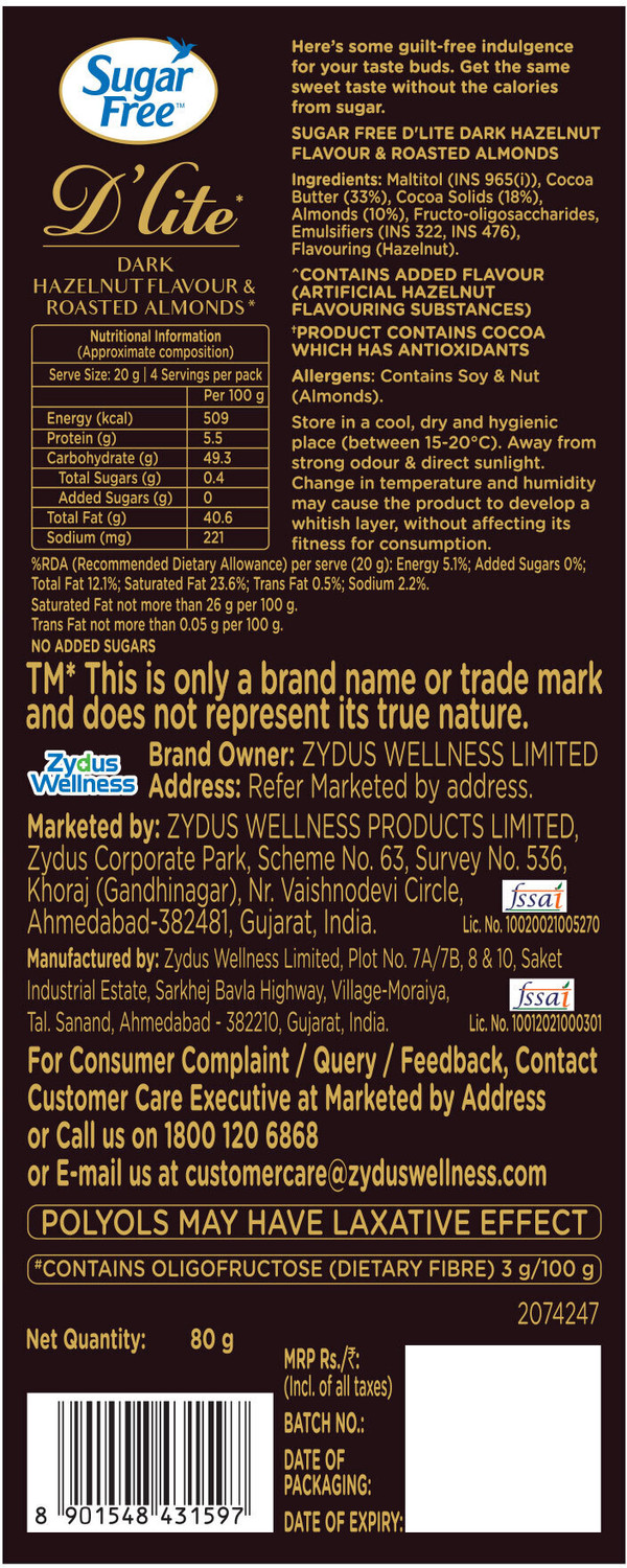 Image of Sugar free Hazlenut & Almonds Dark Chocolate Bar