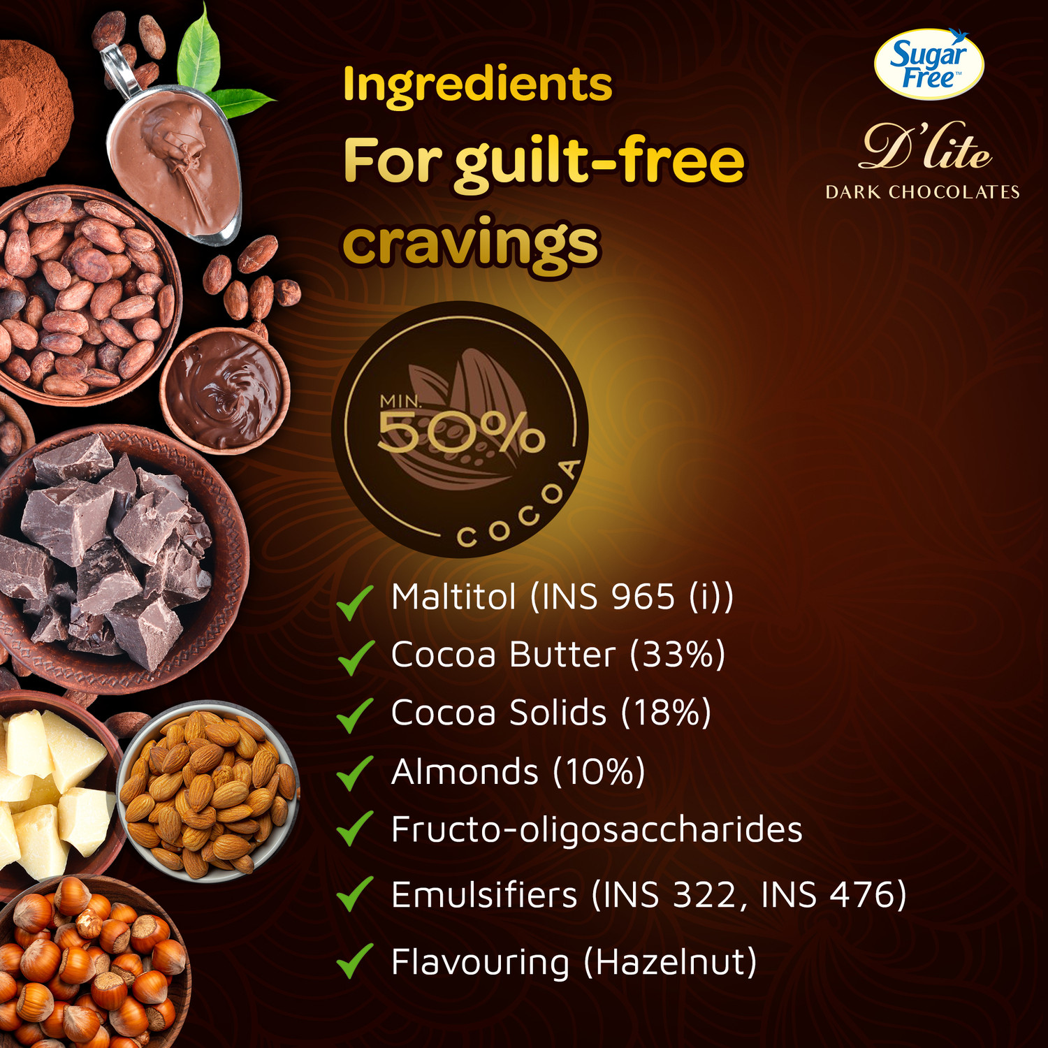 Image of Sugar free Hazlenut & Almonds Dark Chocolate Bar