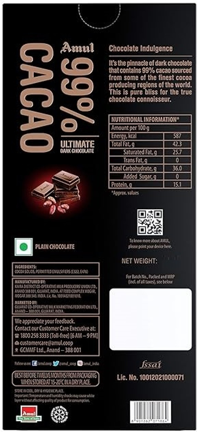 Image of Amul 99% CACAO ULTIMATE DARK CHOCO WITH LOTS OF COCOA Bar