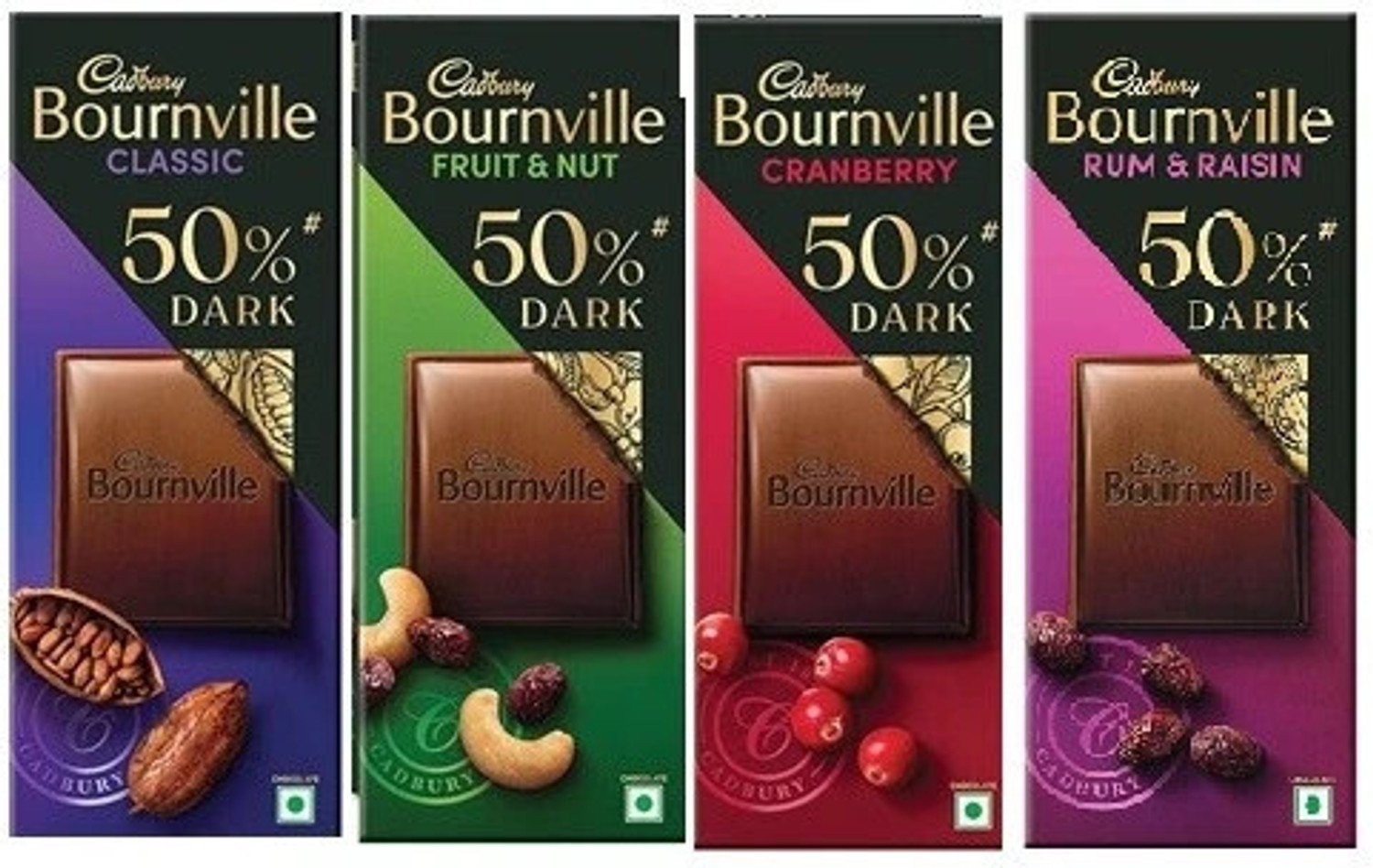 Image of Cadbury BOURNVILE RUM & RAISIN FRUIT N NUT CRANBERRY AND CLASSIC 50% DARK CHOCO BARS Bar
