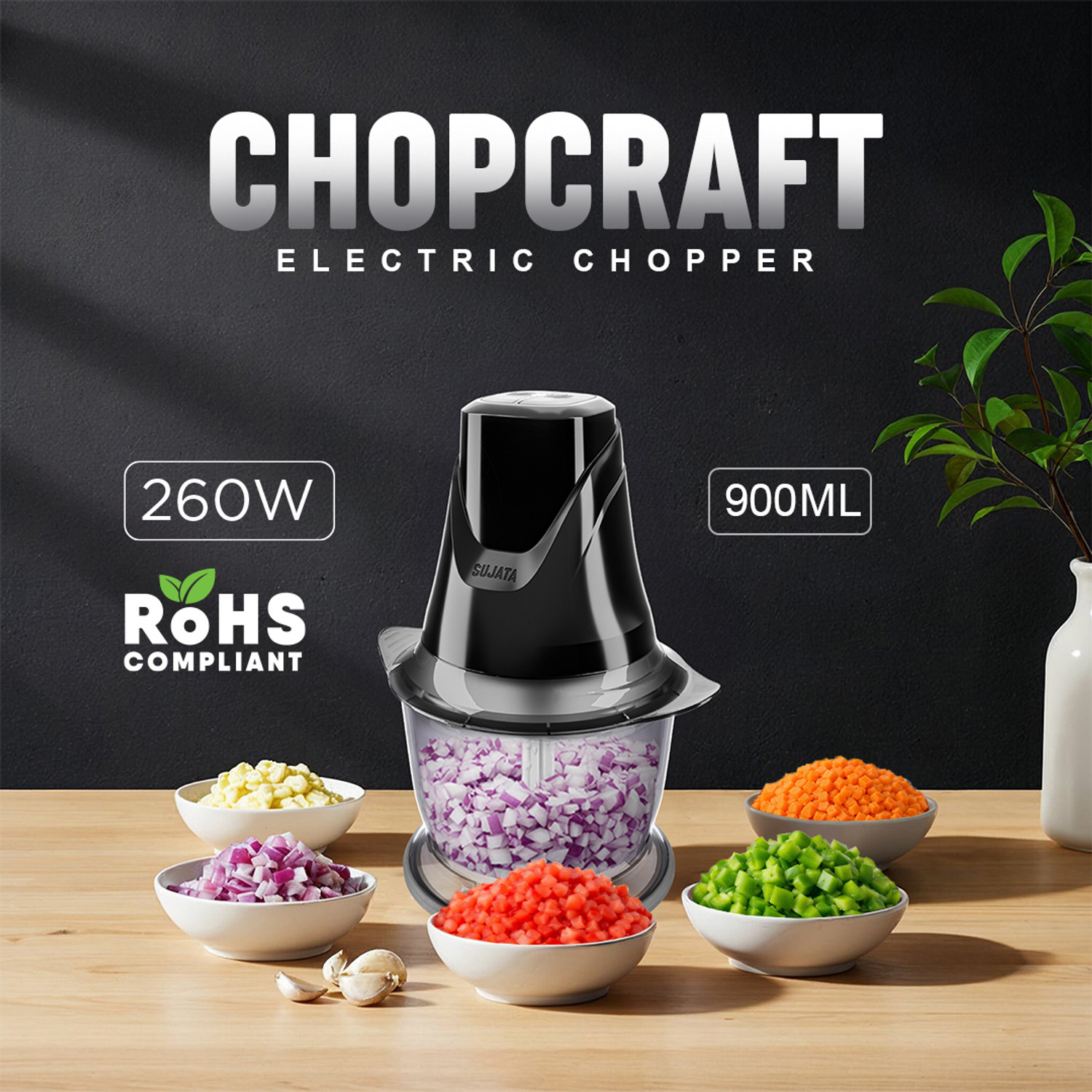 Image of SUJATA Chopcraft 900ml, 260W | Dual Speed | 3200 RPM High Speed Motor Electric Vegetable Chopper