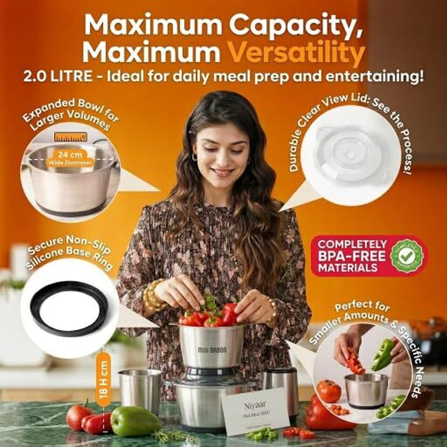 Image of BBD Kitchen Shop 2L Stainless Steel Electric Chopper & Meat Grinder Electric Vegetable & Fruit Chopper