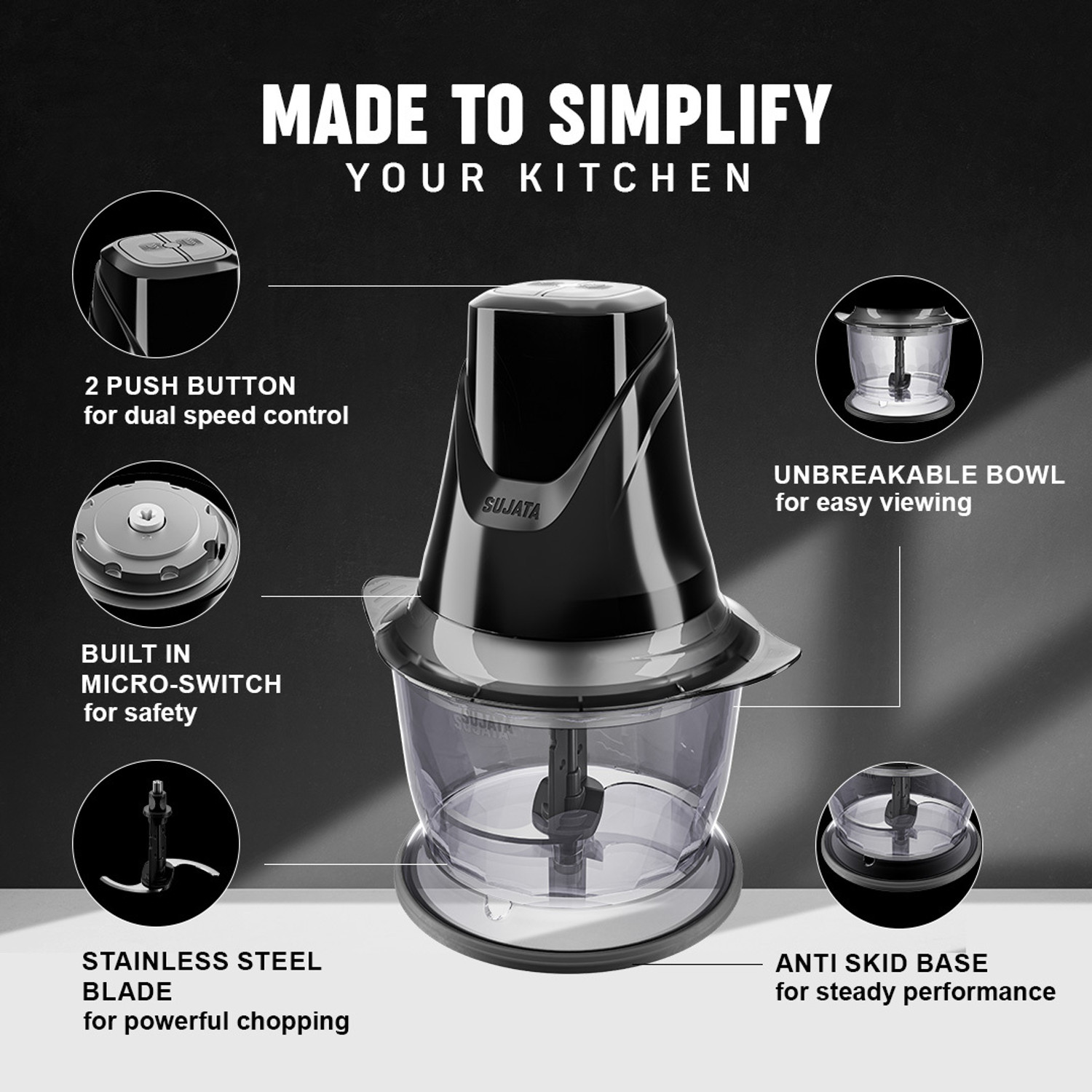 Image of SUJATA Chopcraft 900ml, 350W | Dual Speed | 3200 RPM High Speed Motor Electric Vegetable Chopper