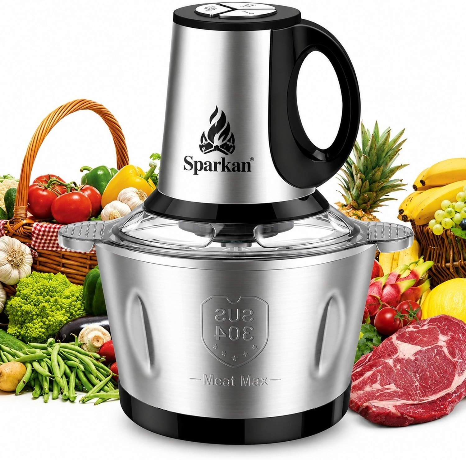 Image of Sparkan Steel Meat Grinder 2 Liter with Handle - Stainless Steel Heavy Duty Food Chopper Electric Vegetable & Fruit Chopper