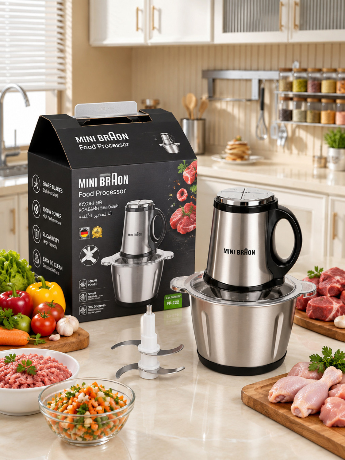 Image of Alakh Enterprise MINI BRAON PREMIUM CHOPPER 01 Electric Vegetable & Fruit Chopper (1 Stainless Steel Bowl, 1 4 Sharp Blades, 1 Main Motor Unit, 1 Lid)