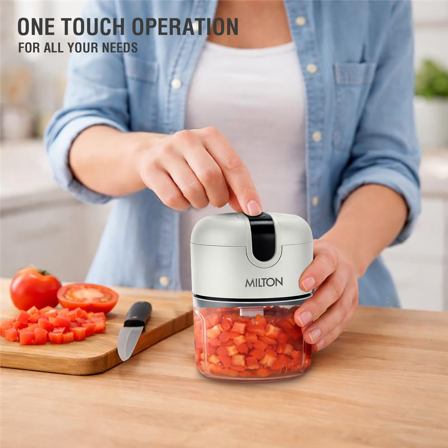 Image of MILTON 6-in-1 Rechargeable Mini Electric Chopper 250ml SS Blade Powerful Motor, Grey Electric Vegetable & Fruit Chopper