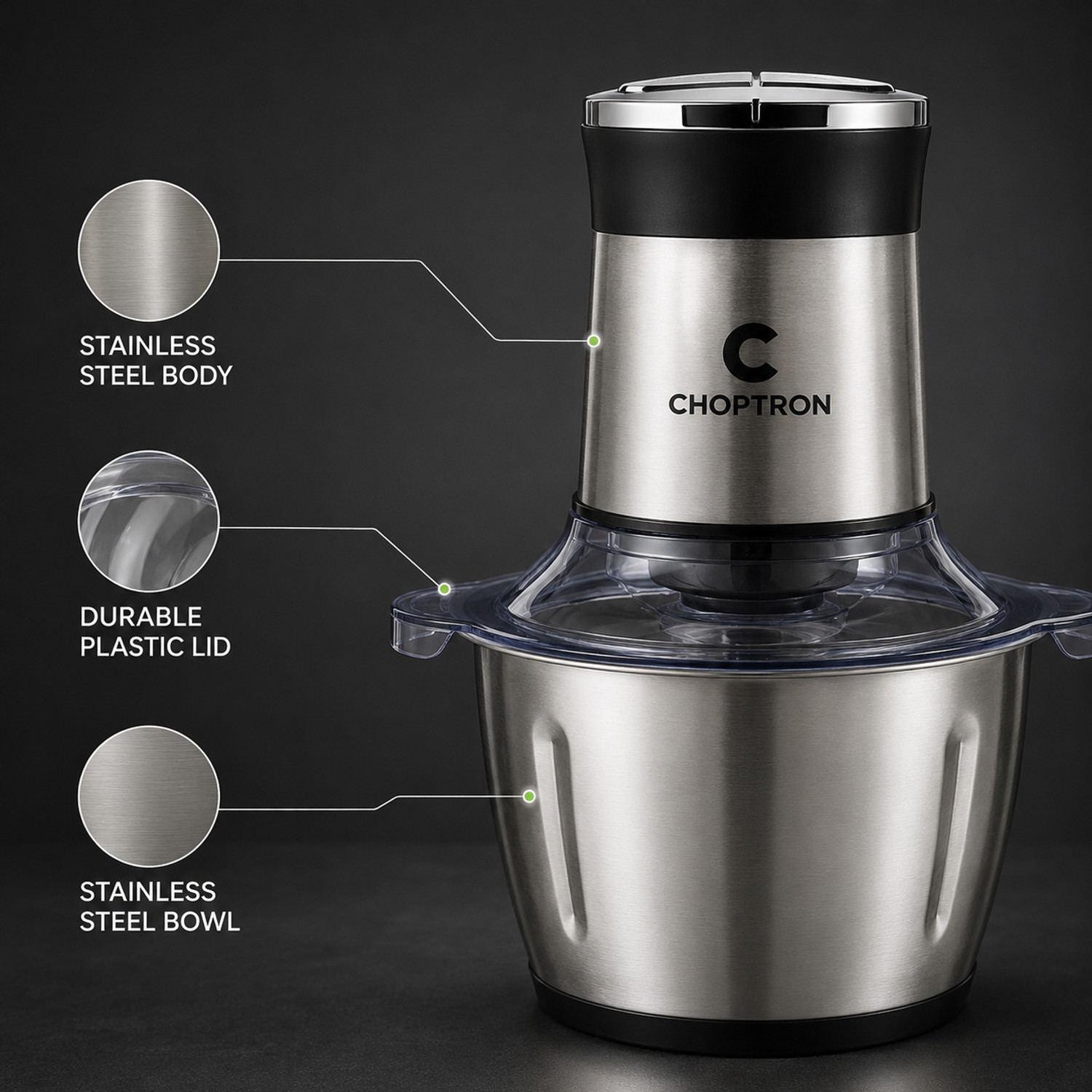 Image of CHOPTRON 2L Electric Food Chopper with Stainless Steel Bowl for Vegetables, Meat & Nuts Electric Vegetable & Fruit Chopper