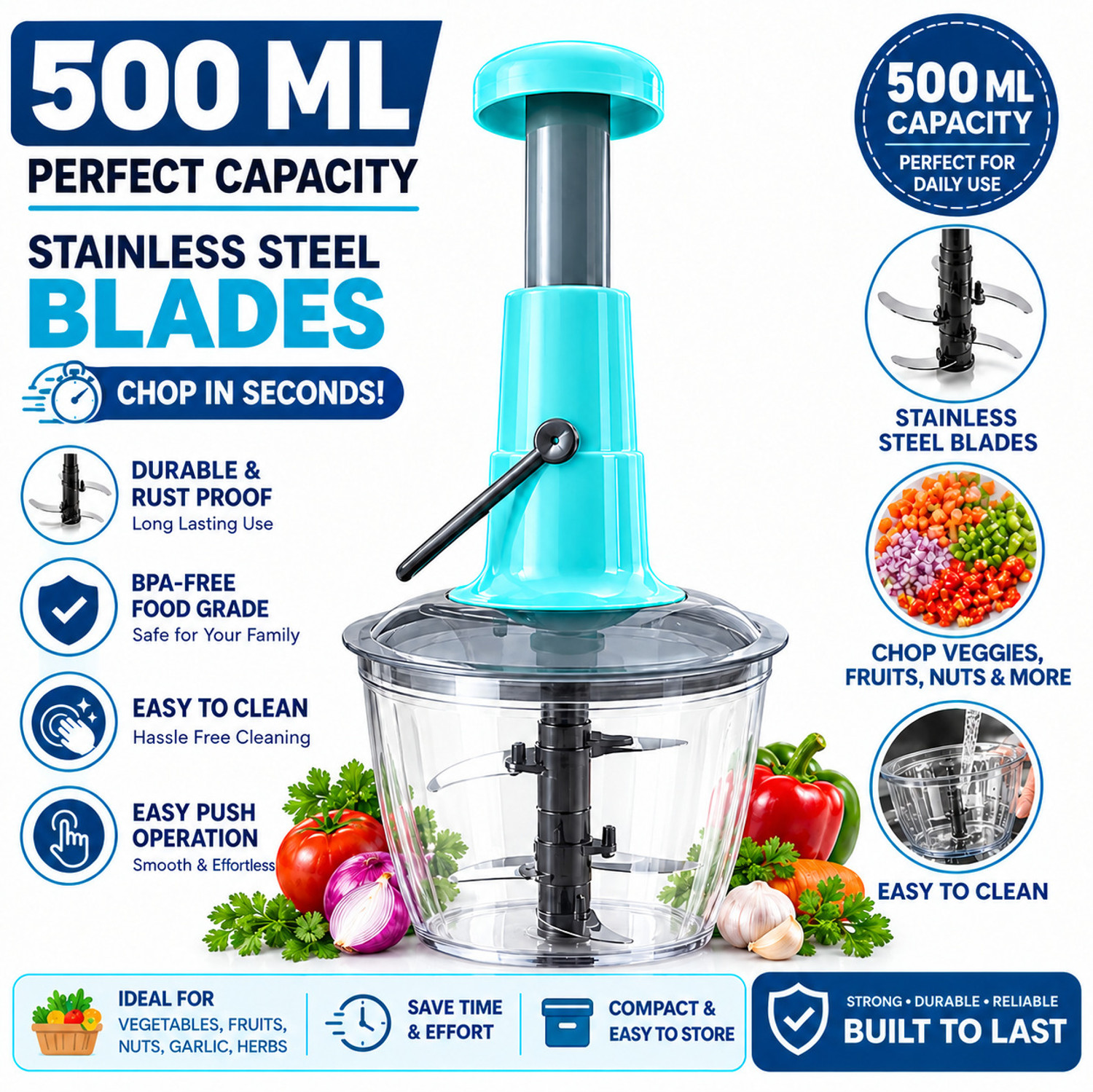 Image of Triffy QuickChop 500 ML Food Chopper Vegetable & Fruit Chopper (1 Pro Push Chopper (500 ML))