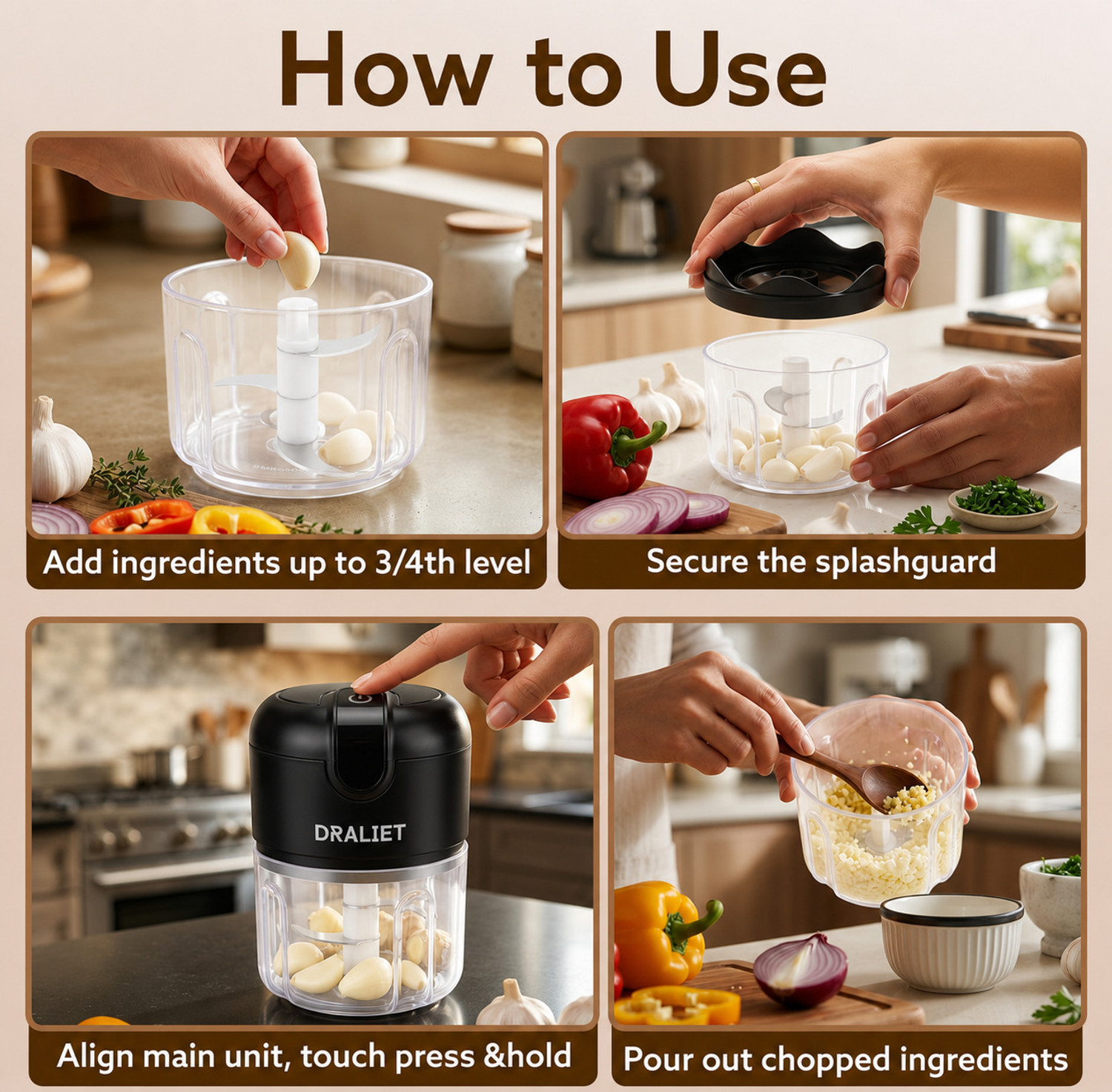 Image of DRALIET Elite Rechargeable Mini Electric Chopper, 250 Ml, One Touch Operation Electric Vegetable & Fruit Chopper