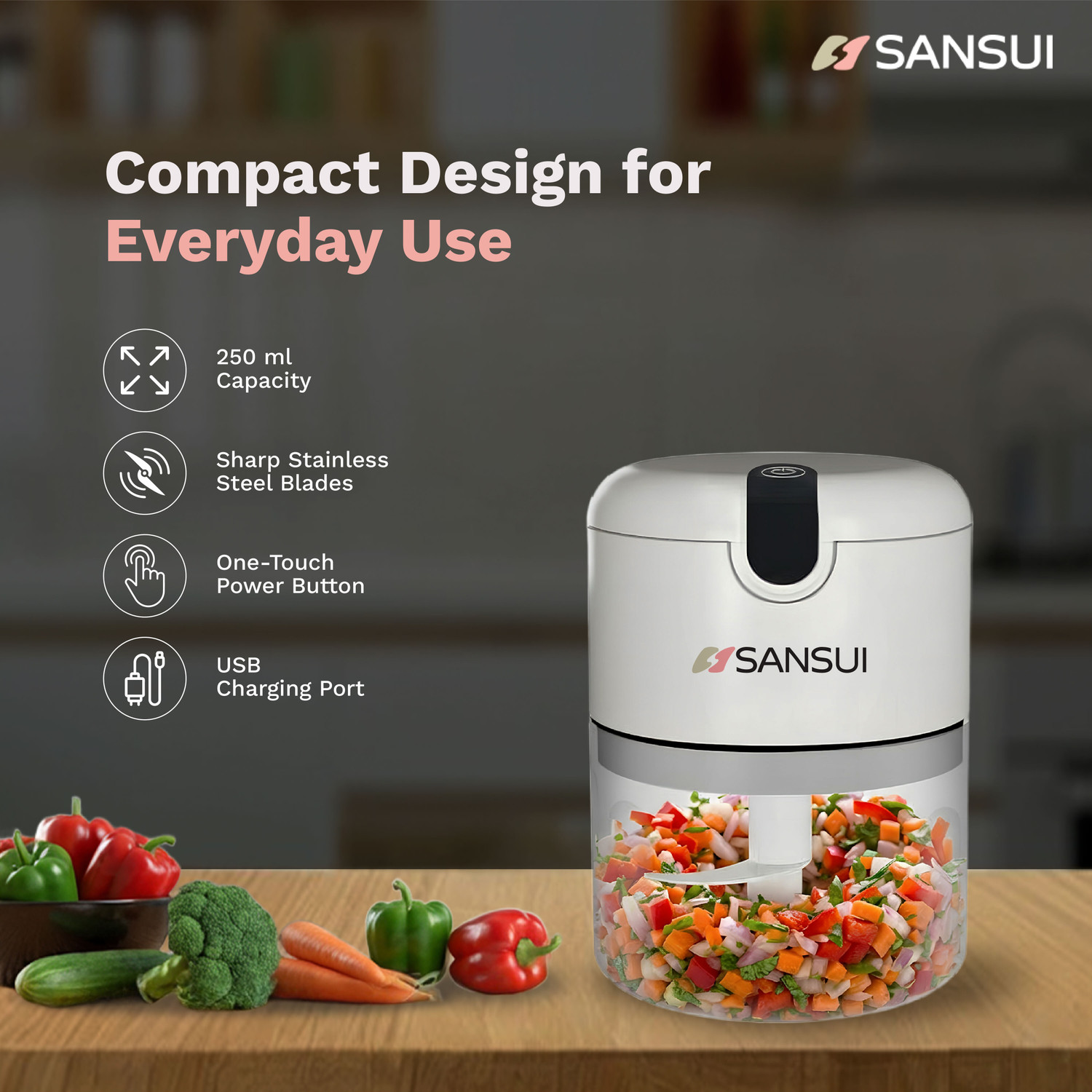 Image of Sansui Rechargeable Mini Electric Chopper 250ml SS Blade Powerful Motor Electric Vegetable Chopper