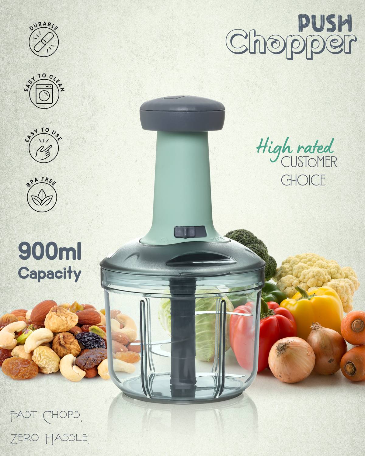 OFFYX Big size hand push 900 ML with 4 Stainless Steel Blades Vegetable & Fruit Chopper