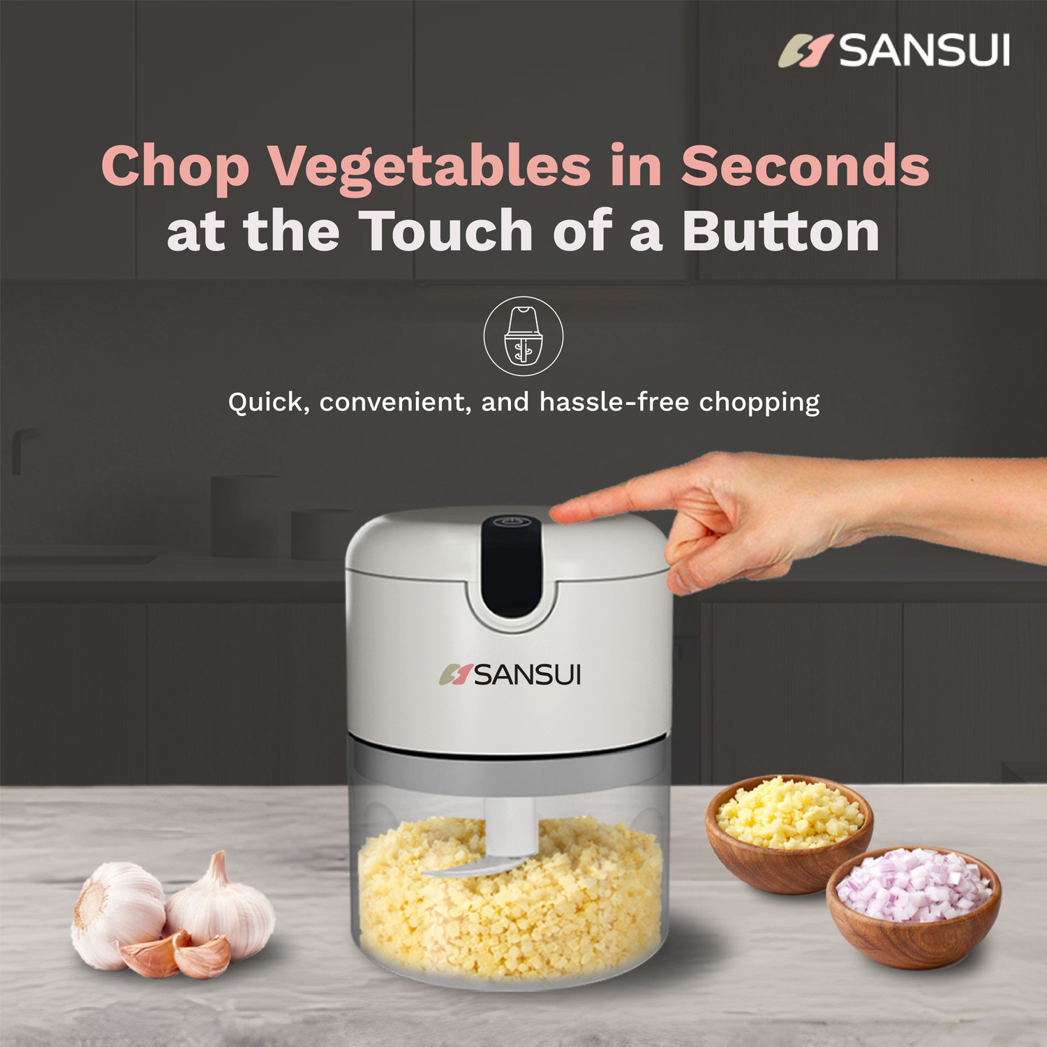 Image of Sansui Rechargeable Mini Electric Chopper 250ml SS Blade Powerful Motor Electric Vegetable Chopper