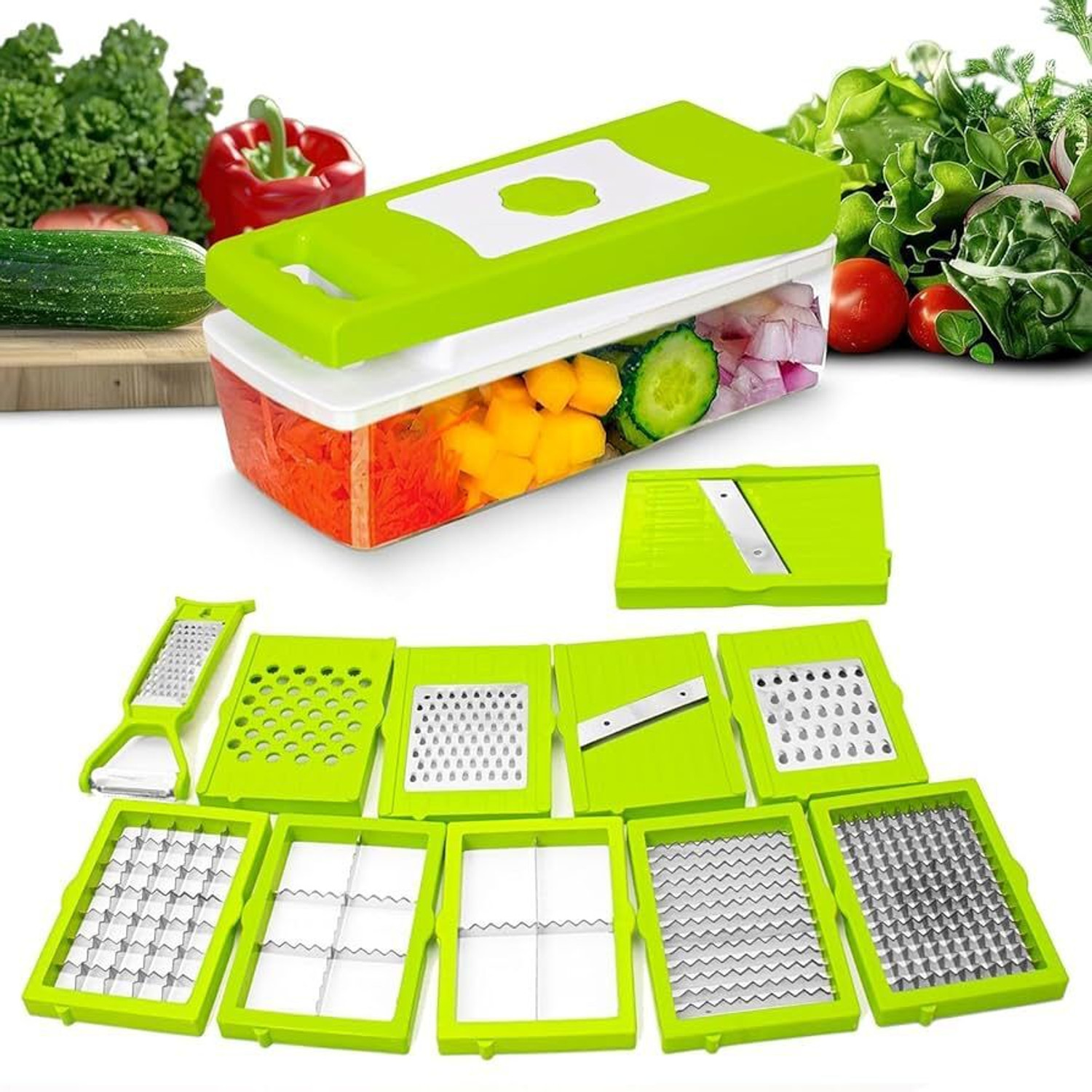 Image of WELLONE 12 in 1 Unbreakable Push to Clean Button Slicer, Dicer, Chopper for Kitchen Vegetable & Fruit Chopper