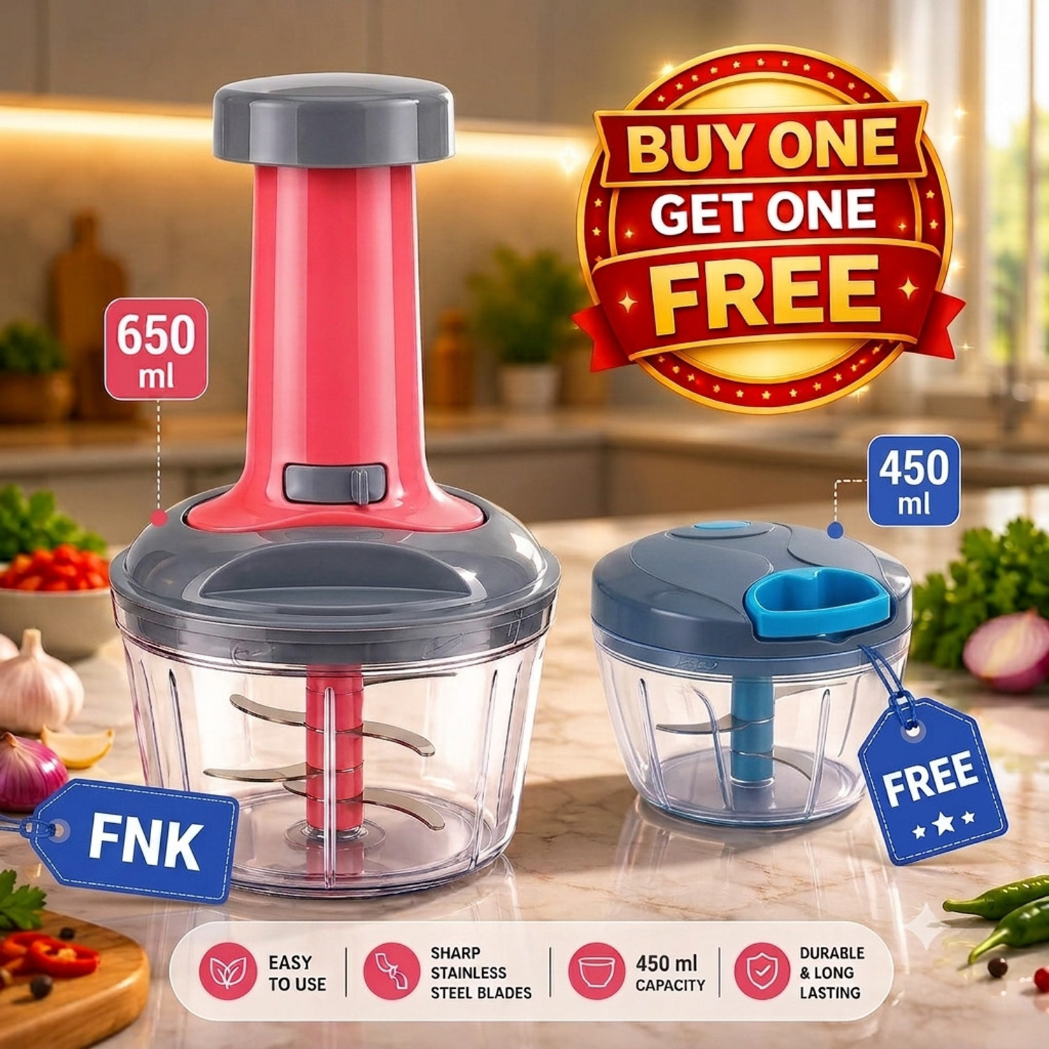 Image of fnk by fnk Chopper 650ML&450ML Capacity Pack of 2 (Buy 1 Get 1 Free Offer) Vegetable & Fruit Chopper