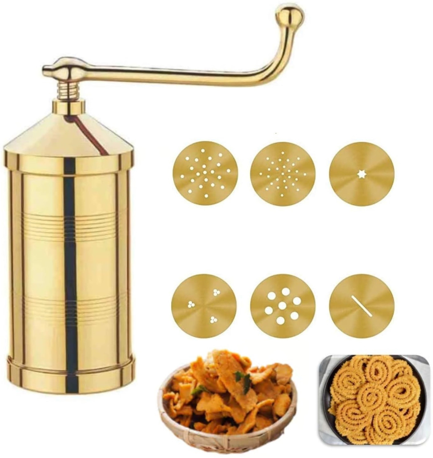 Image of Mitchen by Mitchen Kitchen Mall Brass Gathiya Sevaiya Bhujia maker with 6 Different jalis Grater Grater