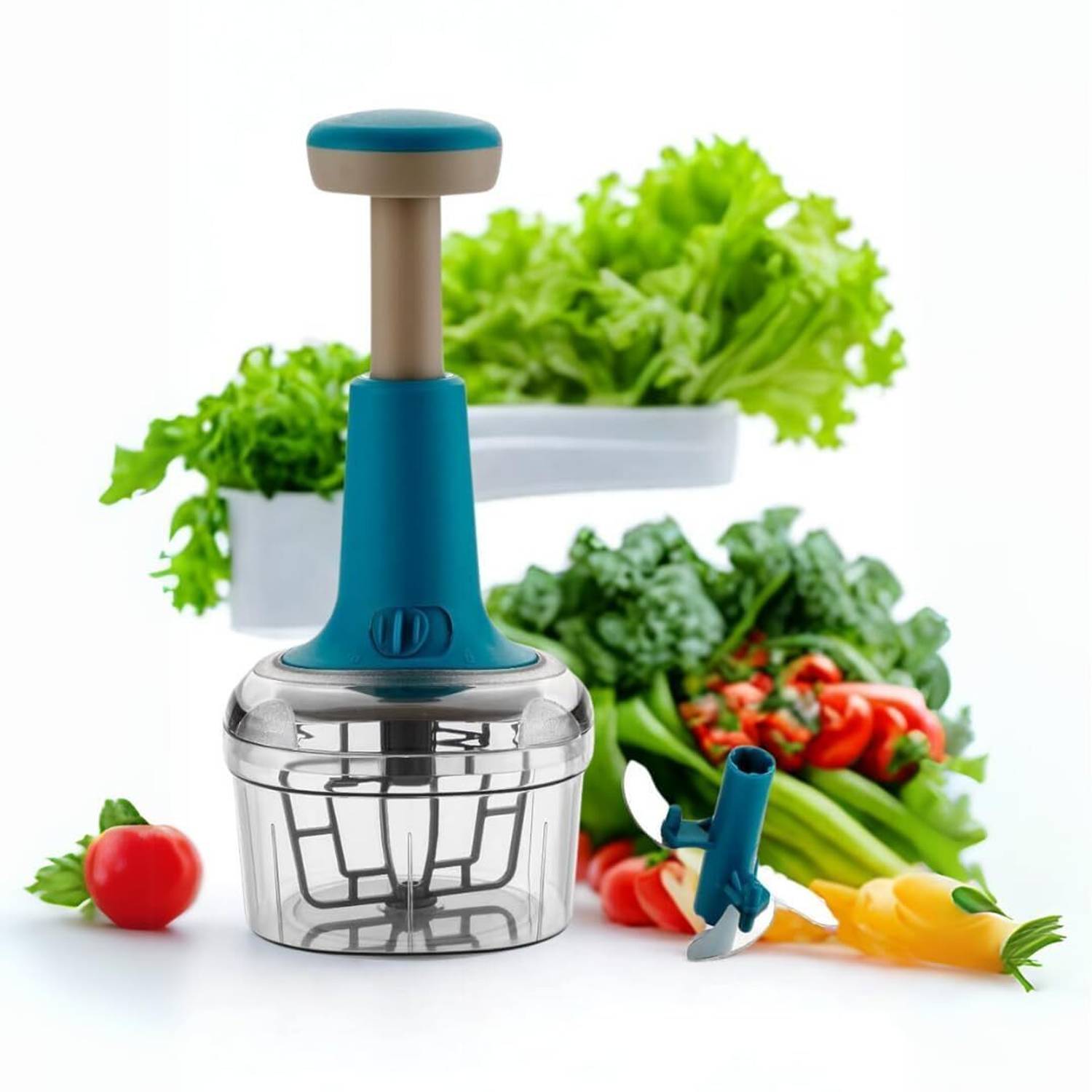 Alvinos by Alvinos Push Chopper 700ml Hand Press Chopper with 3 Stainless Steel Blades Vegetable & Fruit Chopper