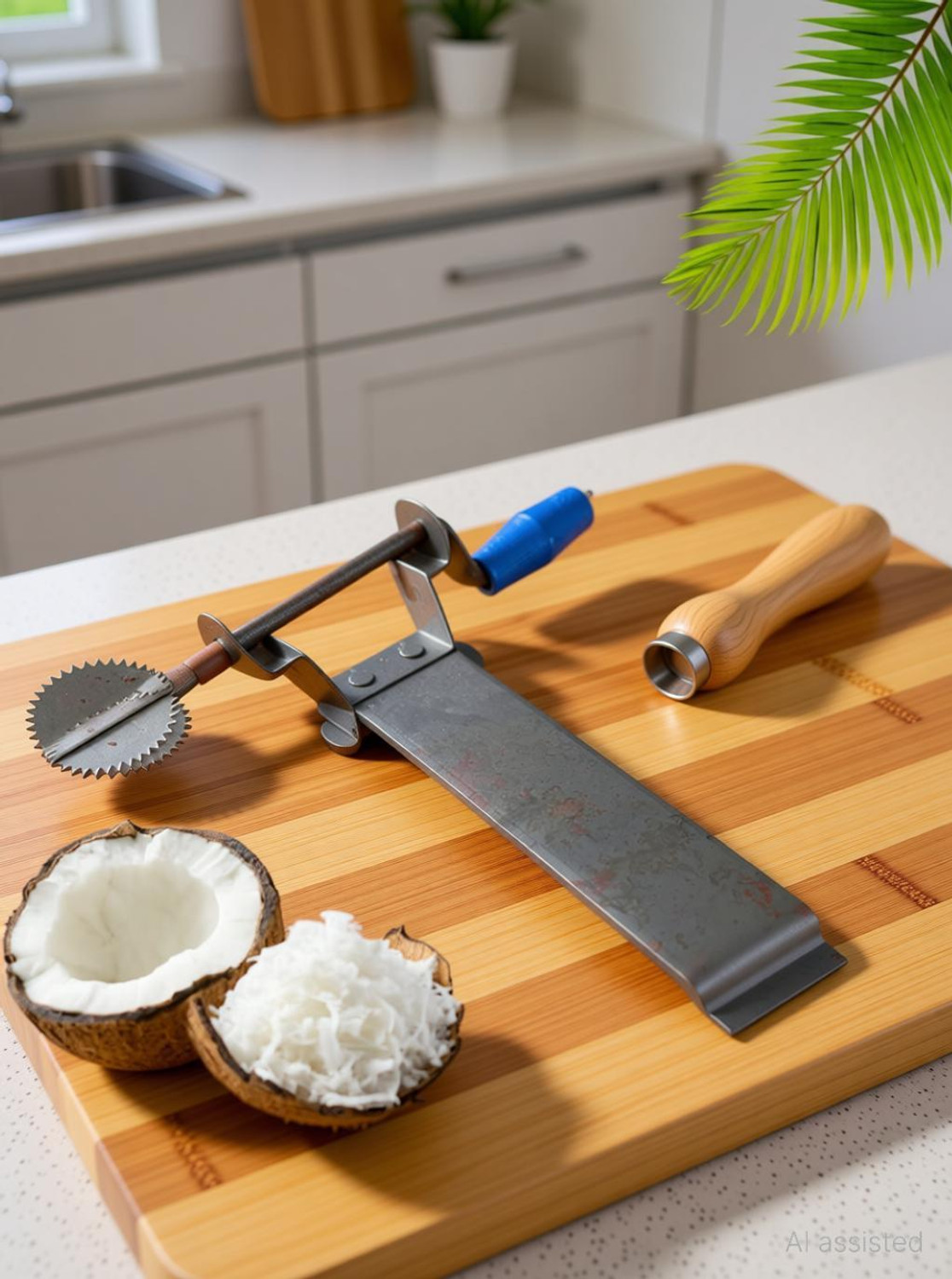 Image of Digi World by Na Classic Handheld Coconut Scraper with Wooden Handle Coconut Scraper
