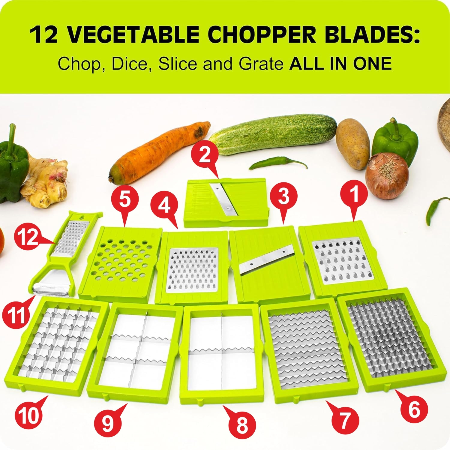 Image of Coyo Vegetable and Fruit Chopper Cutter Grater Vegetable & Fruit Slicer New 12 In 1 Vegetable & Fruit Grater & Slicer