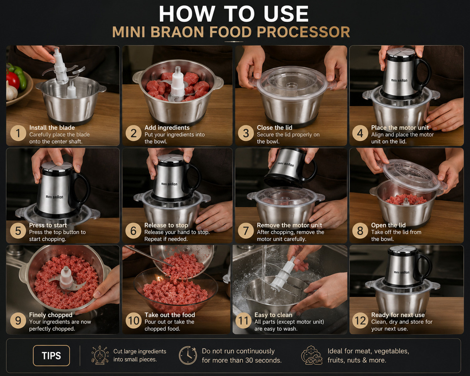 Image of Alakh Enterprise MINI BRAON PREMIUM CHOPPER 01 Electric Vegetable & Fruit Chopper (1 Stainless Steel Bowl, 1 4 Sharp Blades, 1 Main Motor Unit, 1 Lid)