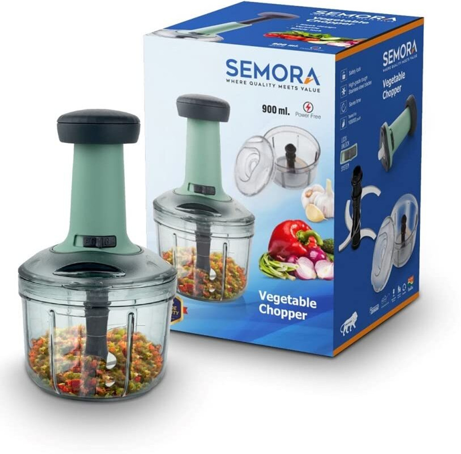 Image of semora Hand Push 900 ML with 4 Stainless Steel Blades Multi Purpose (Pack of 1) Vegetable & Fruit Chopper