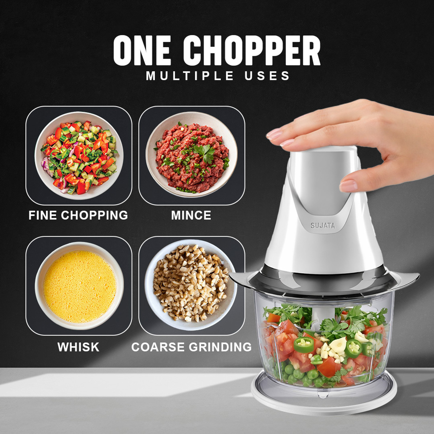 Image of SUJATA Chopcraft 900ml, 350W | Dual Speed | 3200 RPM High Speed Motor Electric Vegetable Chopper (1 unit of chopper)