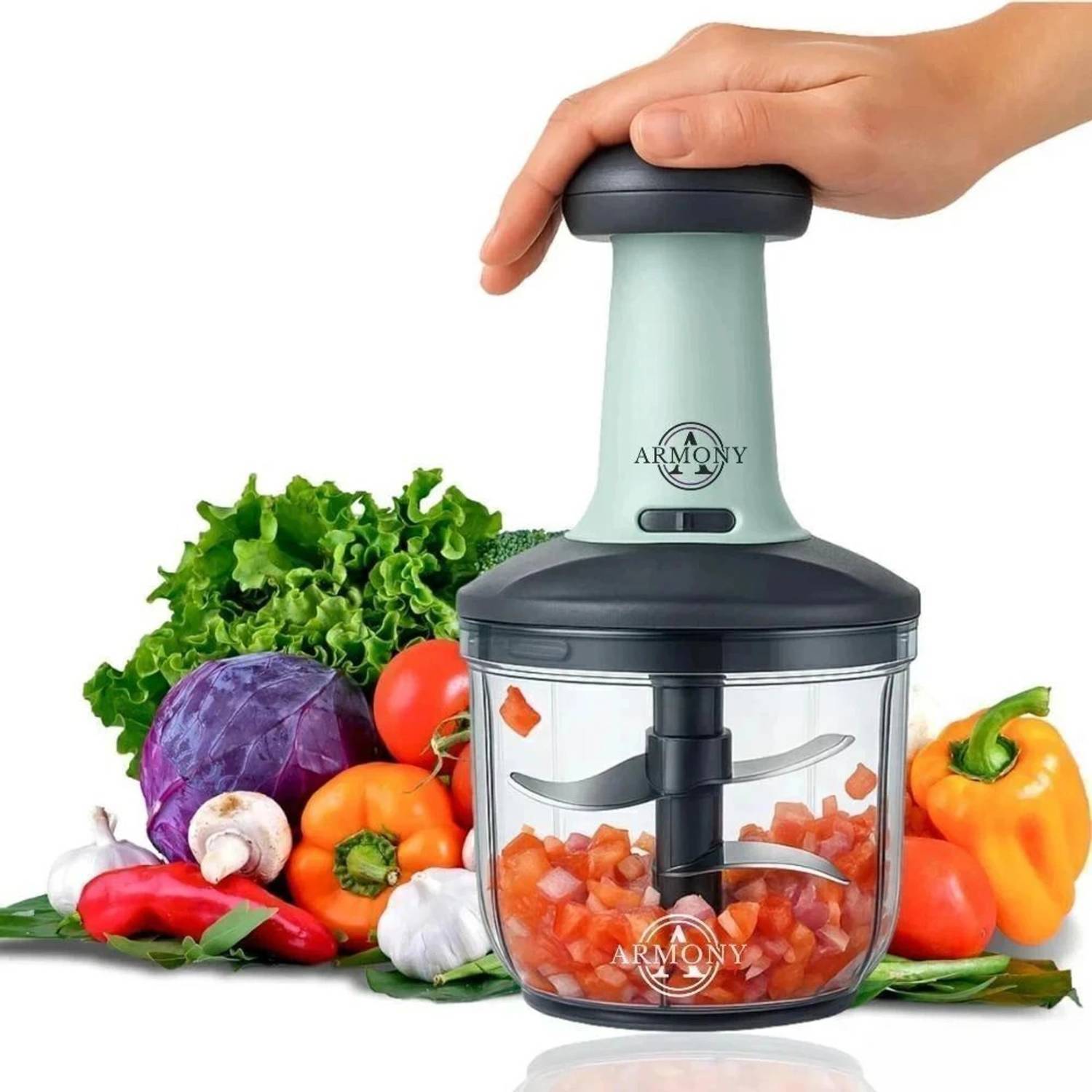Armony by Generic Hand Push 650ML with 3 Stainless Steel Blades Vegetable & Fruit Chopper