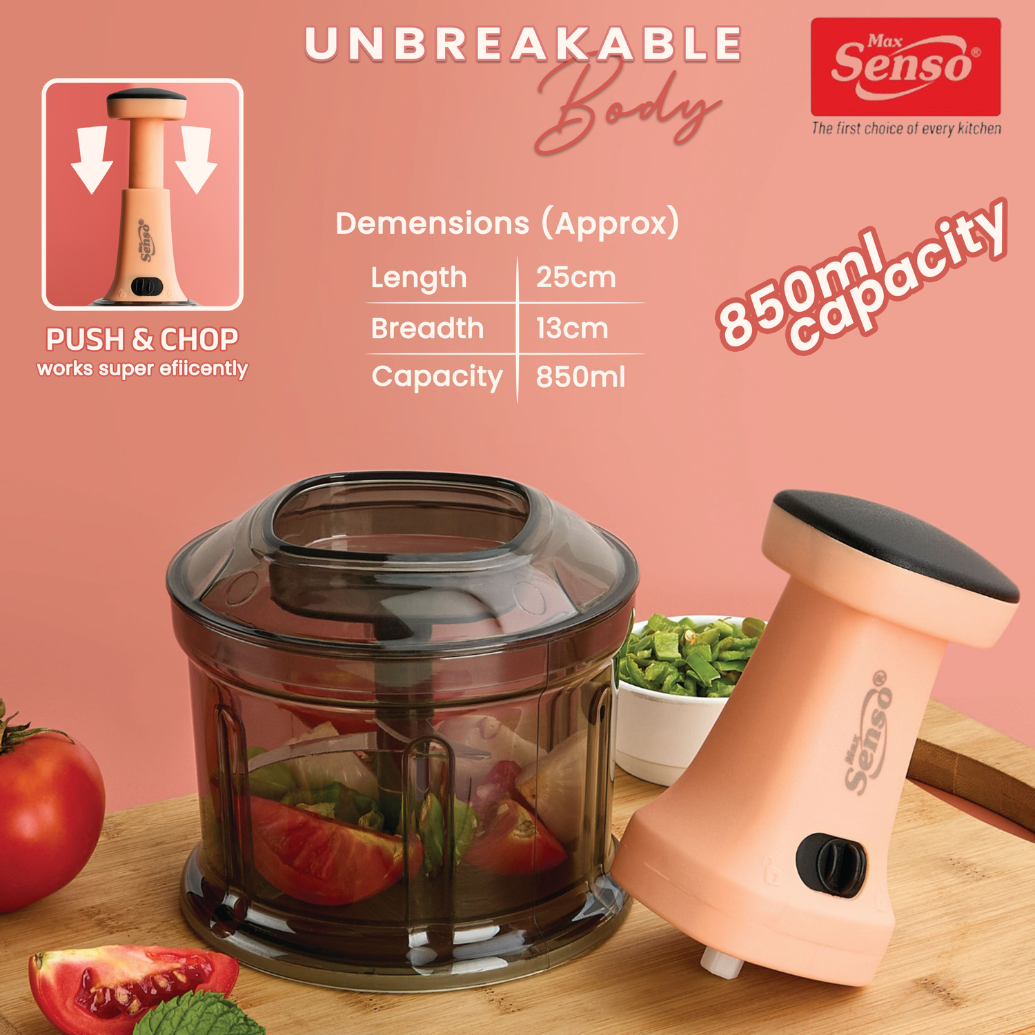 Image of Max Senso Unbreakable Vegetable Push Chopper With Anti Slip Base And Sharp Steel Blades Vegetable & Fruit Chopper