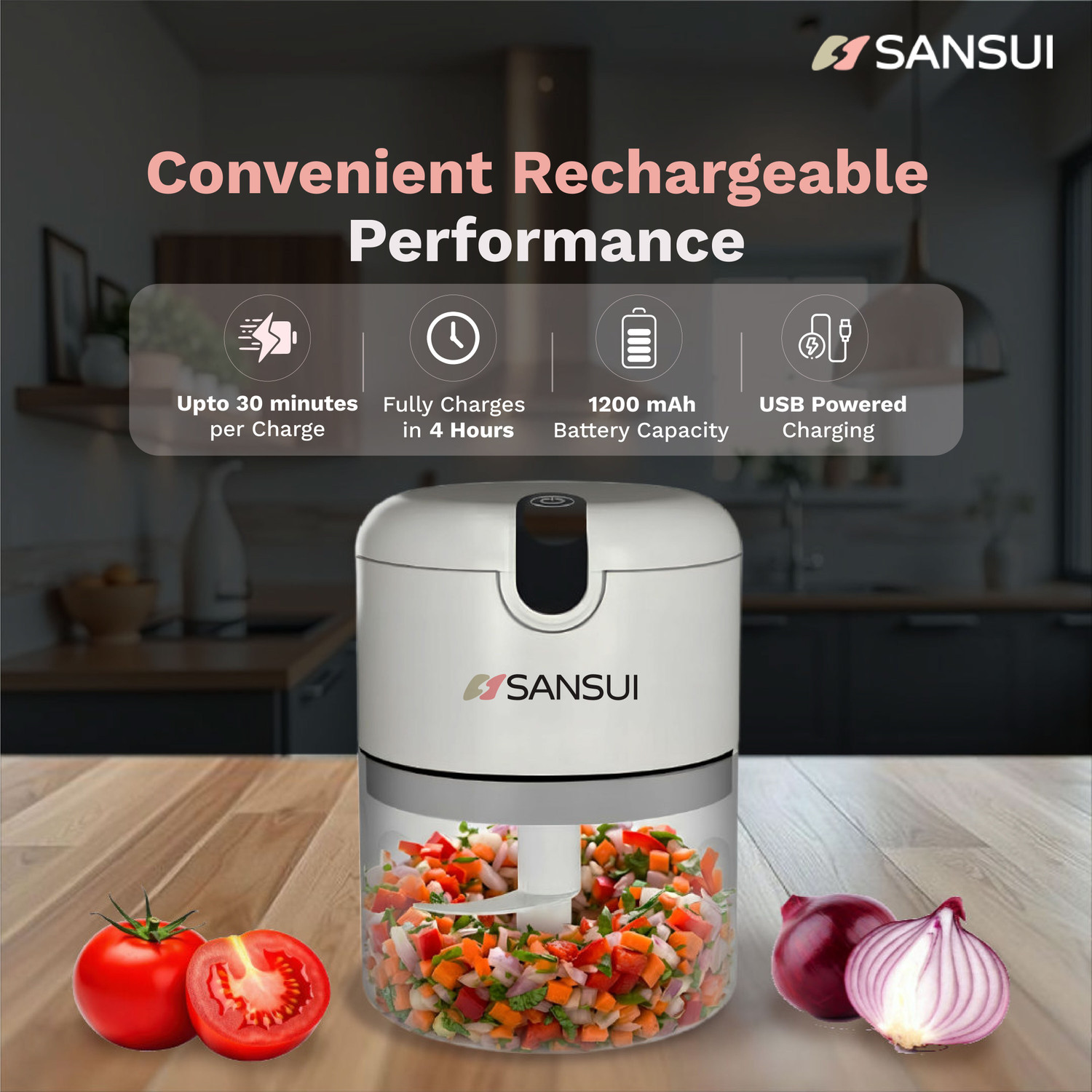 Image of Sansui Rechargeable Mini Electric Chopper 250ml SS Blade Powerful Motor Electric Vegetable Chopper