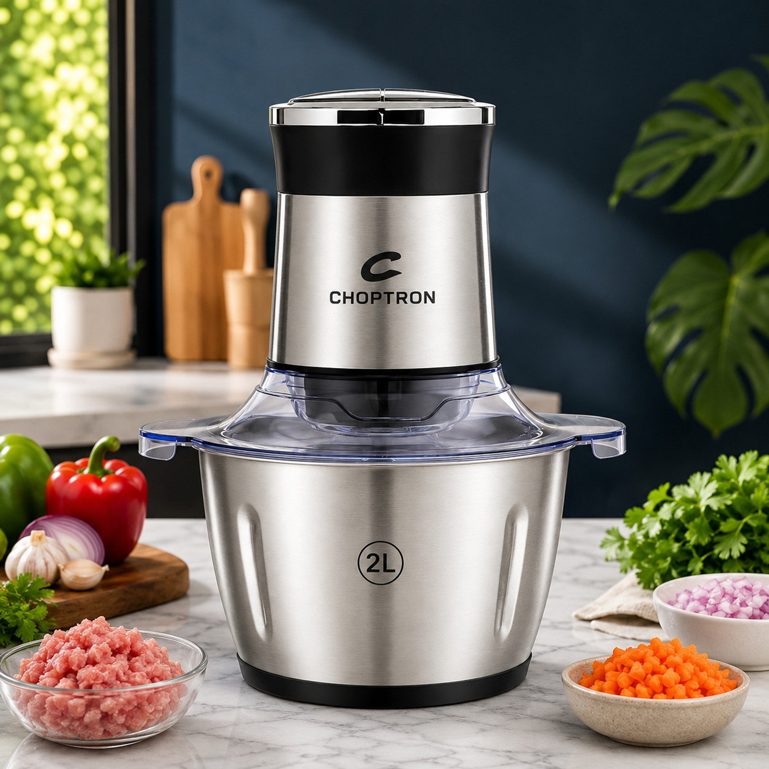 Image of CHOPTRON 2L Electric Food Chopper with Stainless Steel Bowl for Vegetables, Meat & Nuts Electric Vegetable & Fruit Chopper