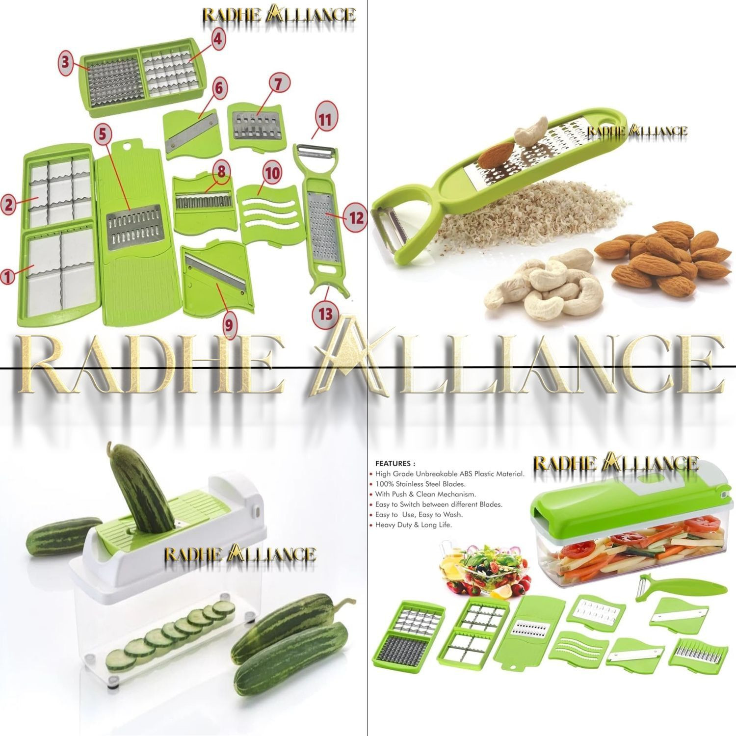 Image of SAFERON by N /A 13 in 1 Multipurpose Chopper, Grater Peeler Chipser, Unbreakable Body Vegetable & Fruit Grater & Slicer