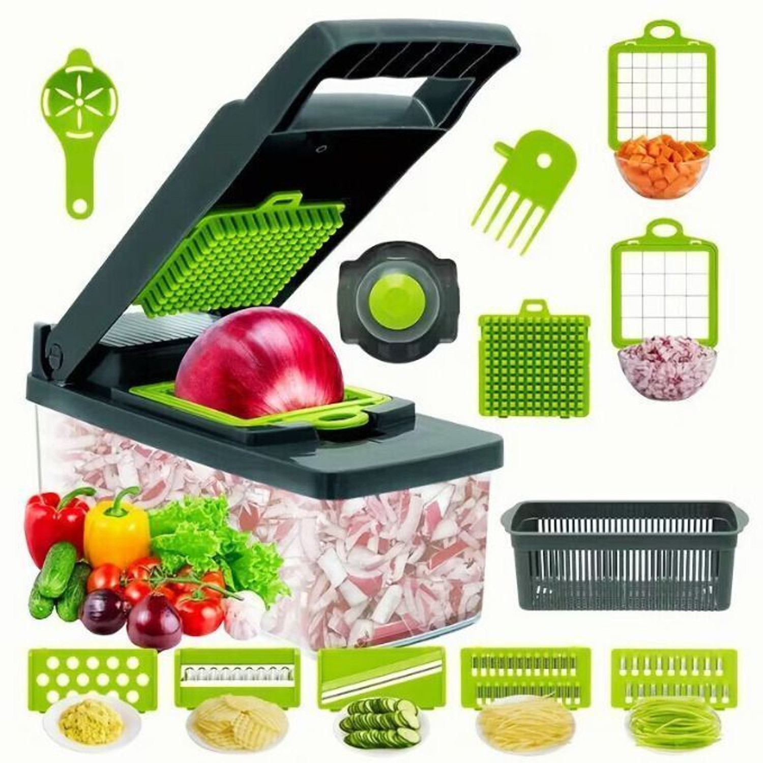 Image of SHAAK 14-in-1 Multifunctiona Kitchen Gadget for Home and Restaurant Use, Plastic Kr Vegetable & Fruit Chopper (1 X Chopper set)