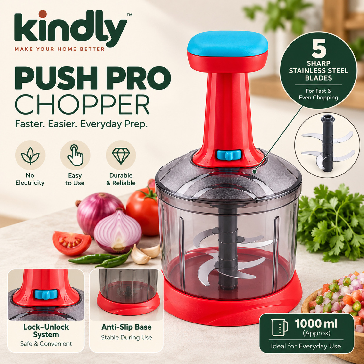 Image of Kindly Vegetable Chopper for Kitchen Chopper Hand Push Vegetable Cutter | Onion Cutters Vegetable & Fruit Chopper (1 chopper)