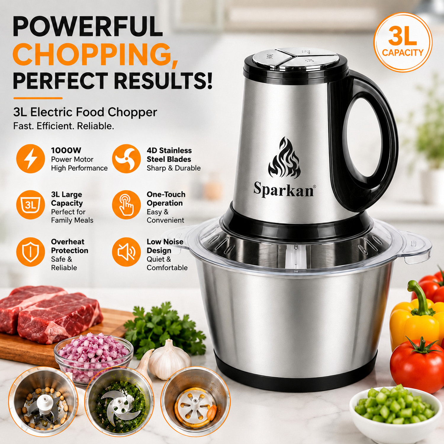 Image of Sparkan Stainless Steel Electric 3 Liter Meat Grinders with Handle,1000W Chopper 3 Speed Electric Meat Grinder
