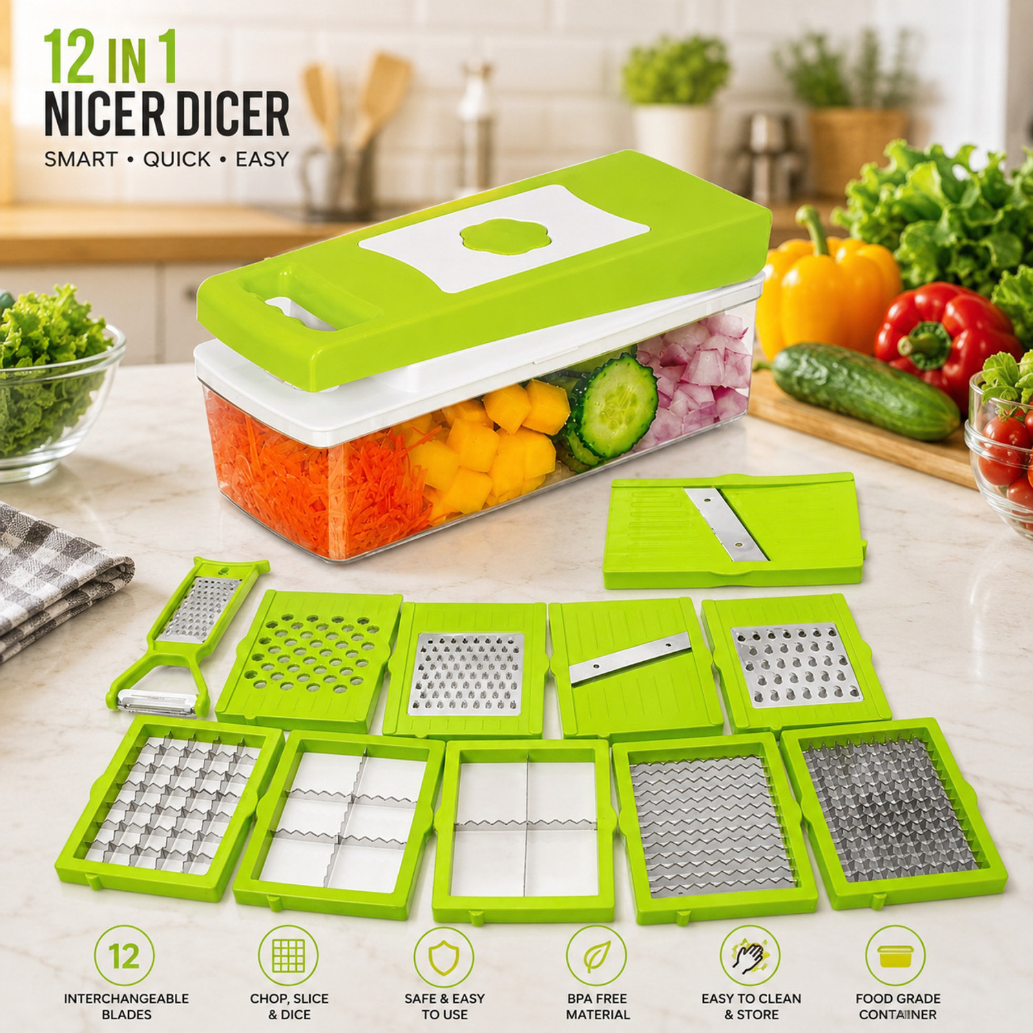 Image of Coyo Vegetable and Fruit Chopper Cutter Grater Vegetable & Fruit Slicer New 12 In 1 Vegetable & Fruit Grater & Slicer