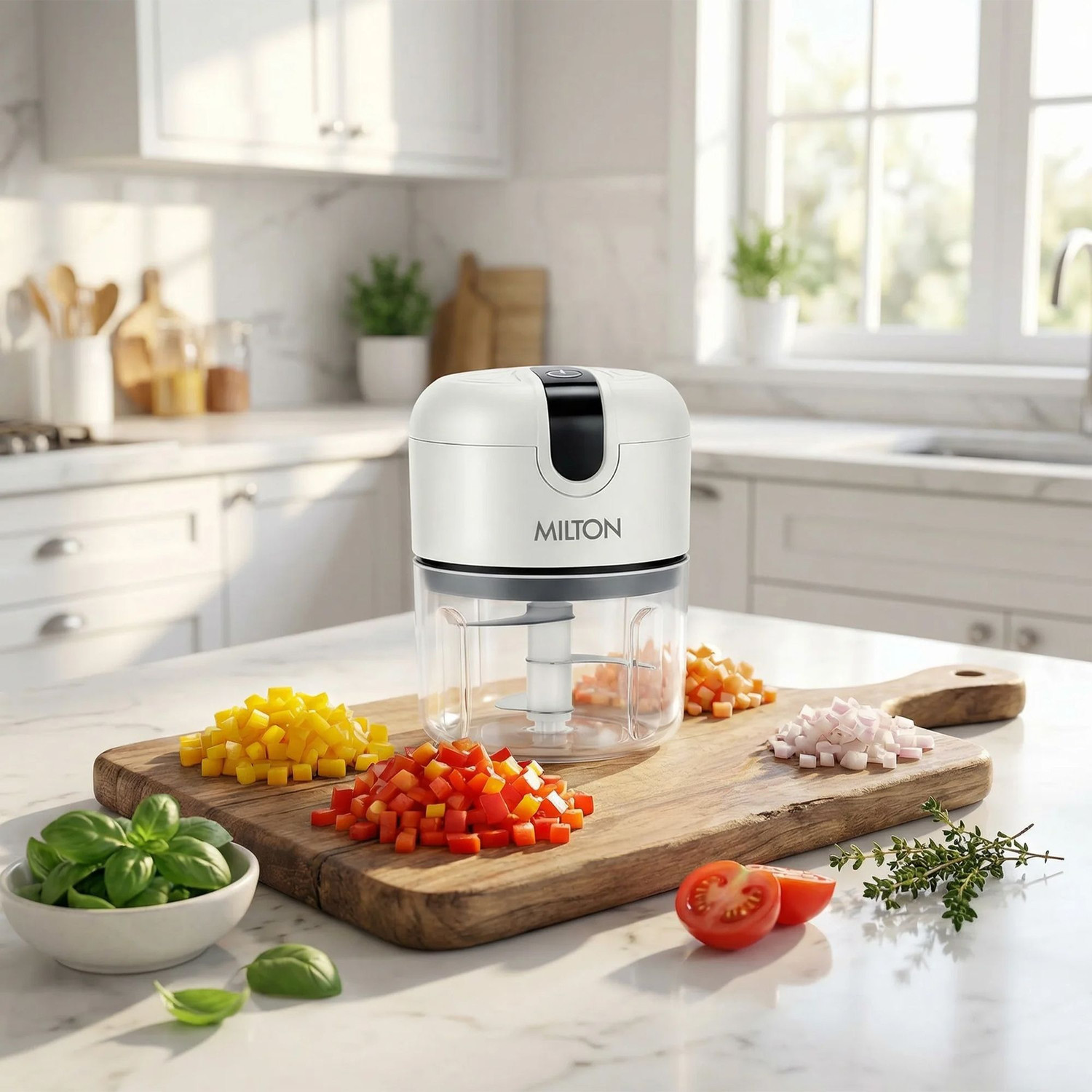Image of MILTON 6-in-1 Rechargeable Mini Electric Chopper 250ml SS Blade Powerful Motor, Grey Electric Vegetable & Fruit Chopper