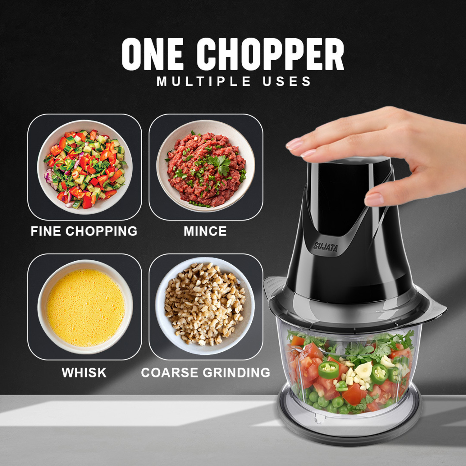 Image of SUJATA Chopcraft 900ml, 260W | Dual Speed | 3200 RPM High Speed Motor Electric Vegetable Chopper