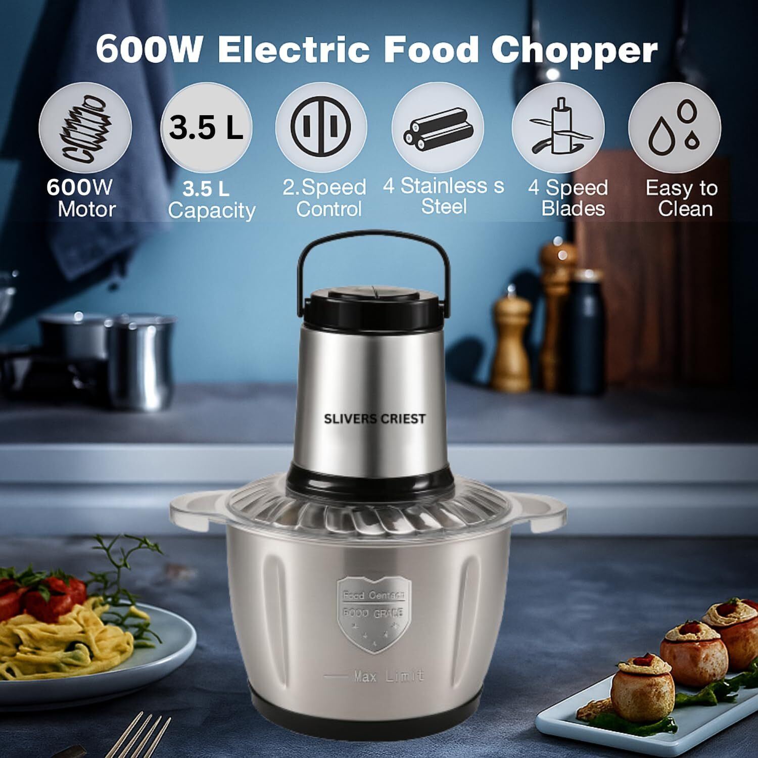 Image of TRIVYOM 3.5L Meat Grinder Stainless Steel with Bowl 600W for Vegetables Fruit & Nuts Electric Vegetable & Fruit Chopper
